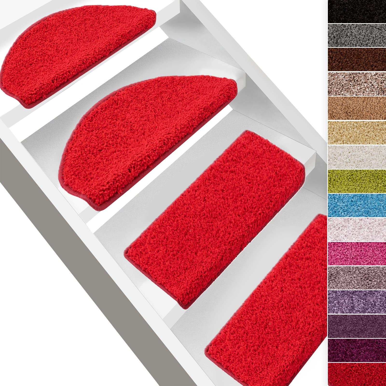 FLODI. Barcelona Deep Pile Stair Tread Mats, Shaggy Carpet Stair Mats, Anti Slip Self Adhesive Carpet Runner Pads (Red, Semicircular - 23 x 65 cm)