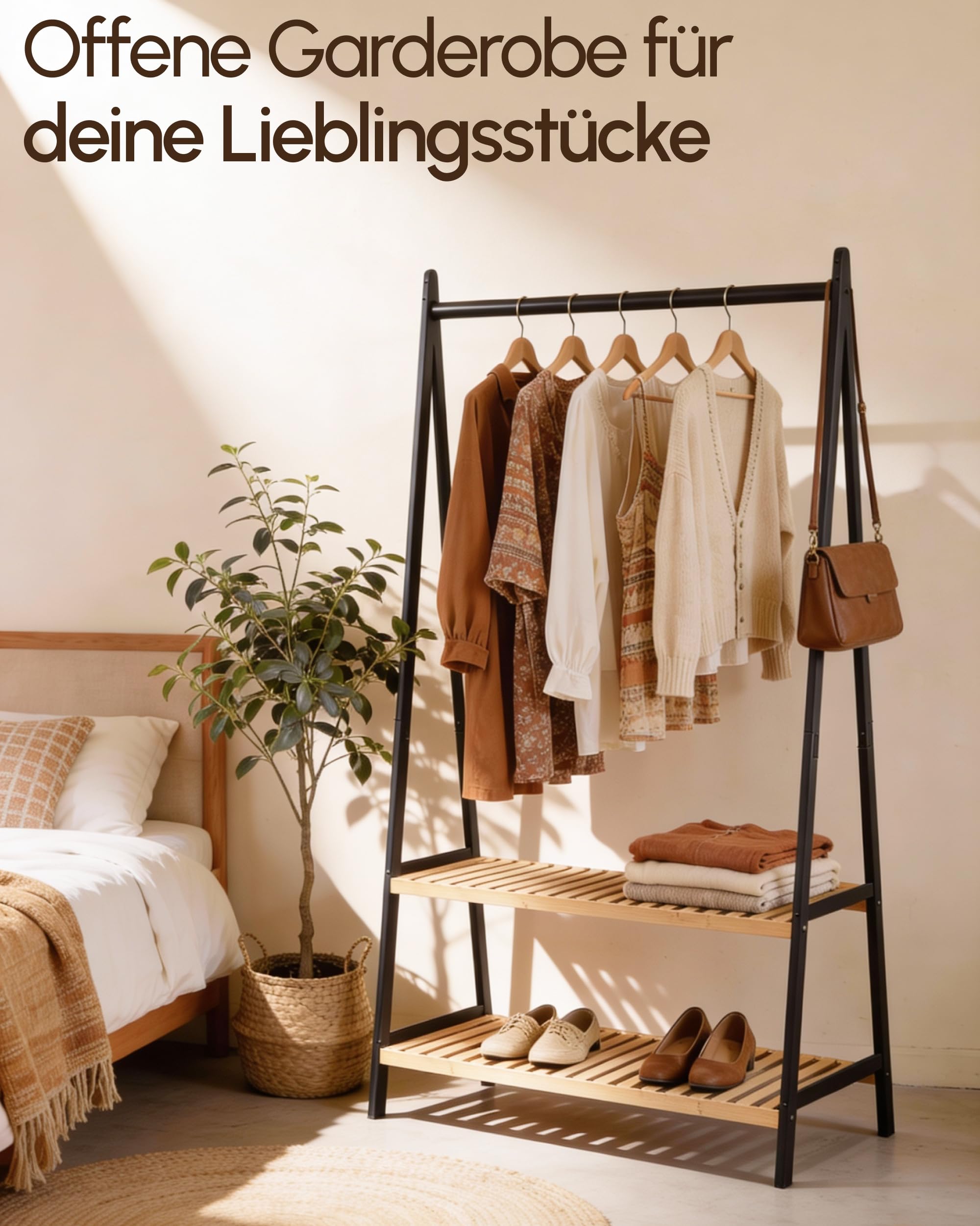 Kleiderständer mit 2 Ablagen, Bambus schwarz, Garderobenständer mit stabiler Kleiderstange, Holz Garderobe mit Schuhregal, für Flur, Schlafzimmer, offener Kleiderschrank, 160 x 80 x 44 cm