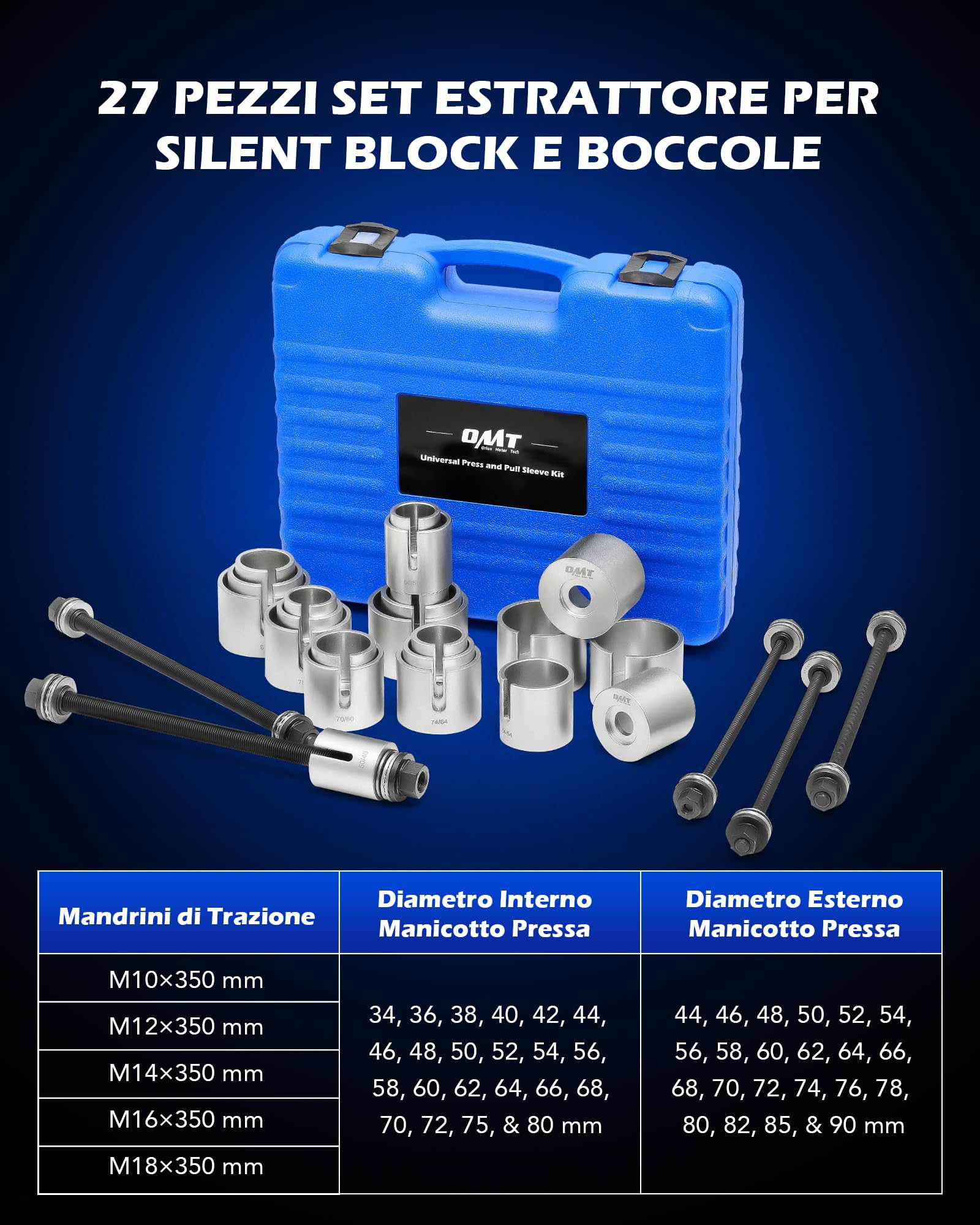 Orion Motor Tech 27 Pezzi Set Estrattore per Silent Block e Boccole con 22 Manicotti di Pressatura e 5 Mandrini e Dadi Kit per Rimozione di Boccole con Cuscinetti di Tenuta per Auto Camion