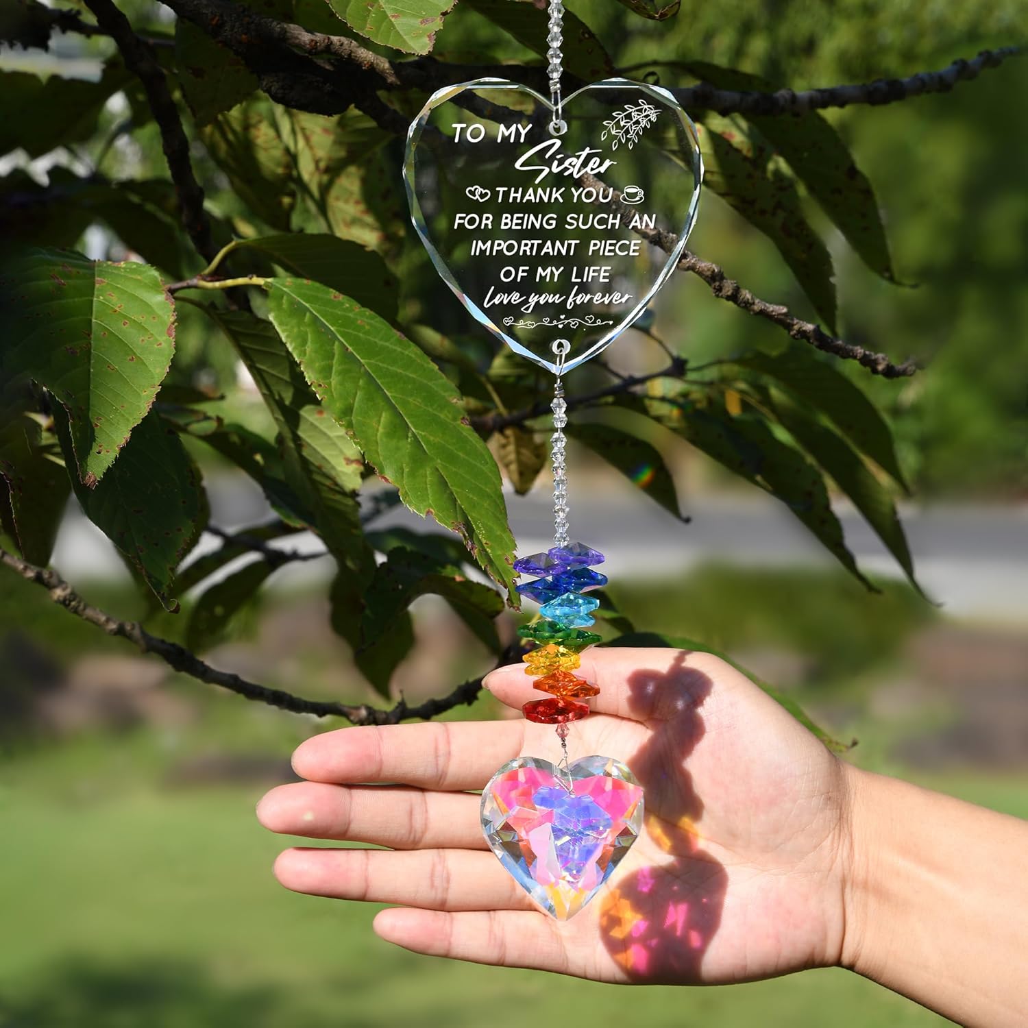 Suncatcher Gifts for Sister, Personalized Crystal Heart Ornaments Hanging for Windows, Cool Garden Gifts for Sister Birthday - Image 4
