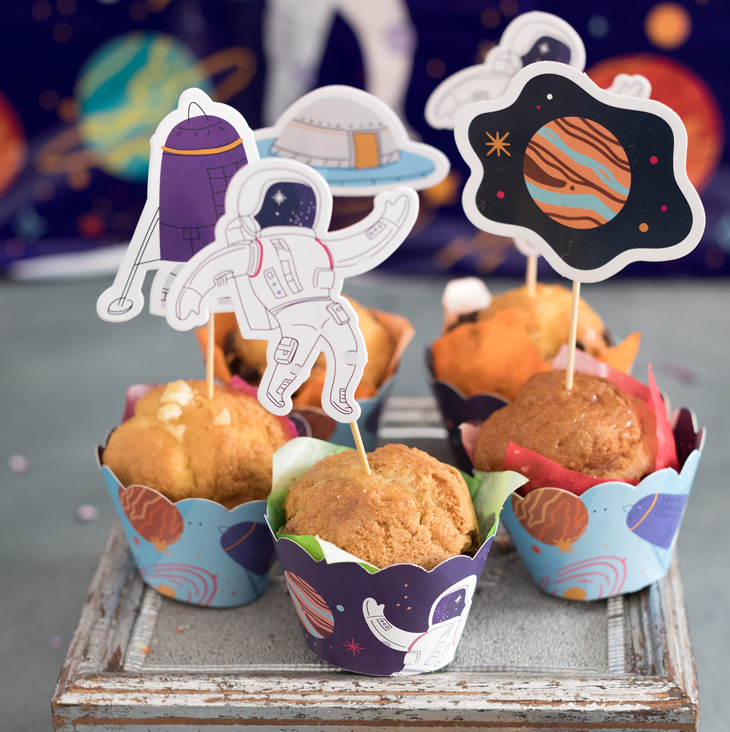 Space Cupcake Toppers & Wrappers Serves 16 Guests Ideal for Outer