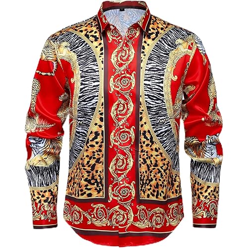 Men Gold Fashion Luxury Printed Satin Long Sleeve Button-Down Shirts Flashy Retro Gorgeous Design Party Gift Shirt