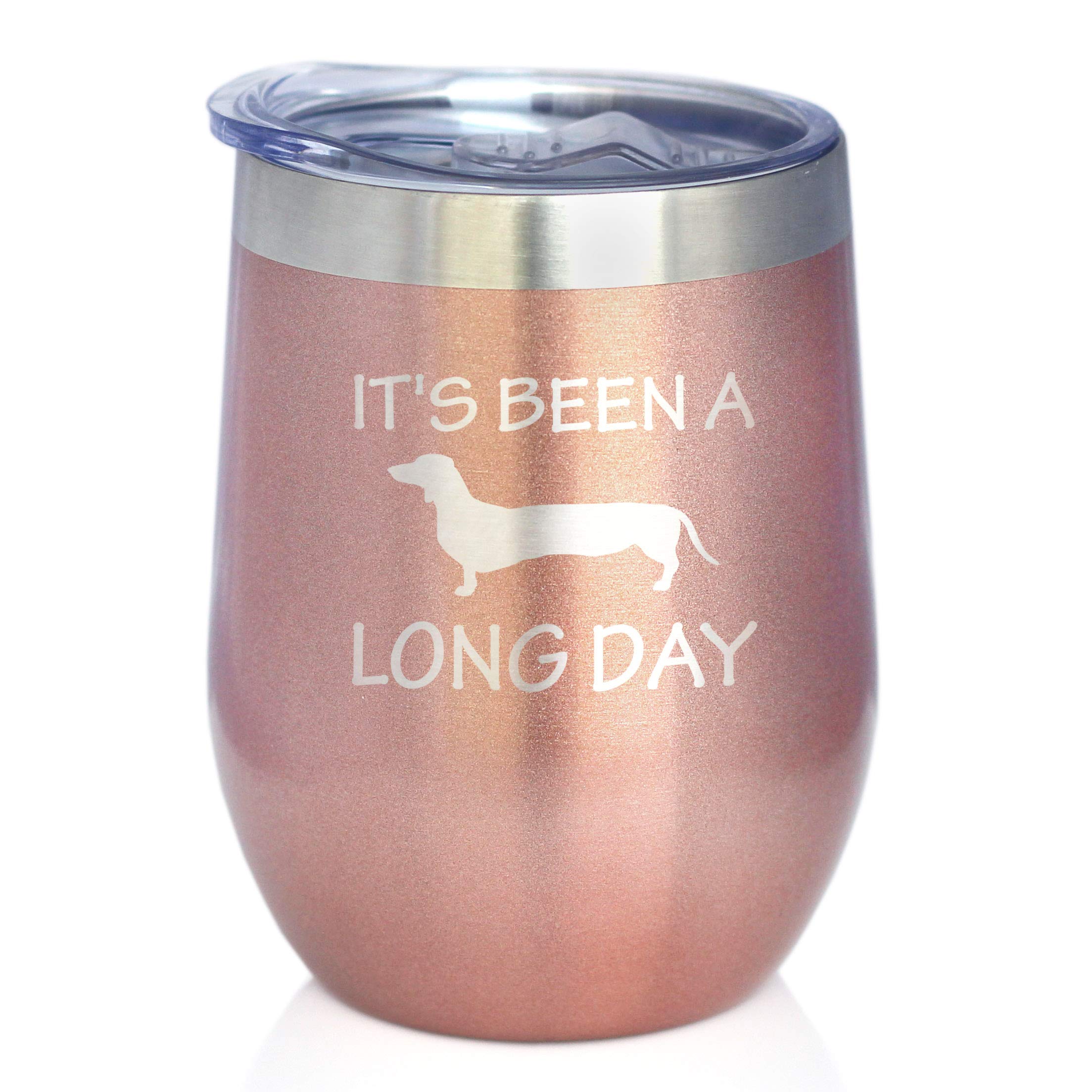 Been a Long Day - Dachshund Wine Tumbler with Sliding Lid - Stemless Stainless Steel Insulated Cup - Cute Funny Gift for Coworkers or Boss - Rose Gold