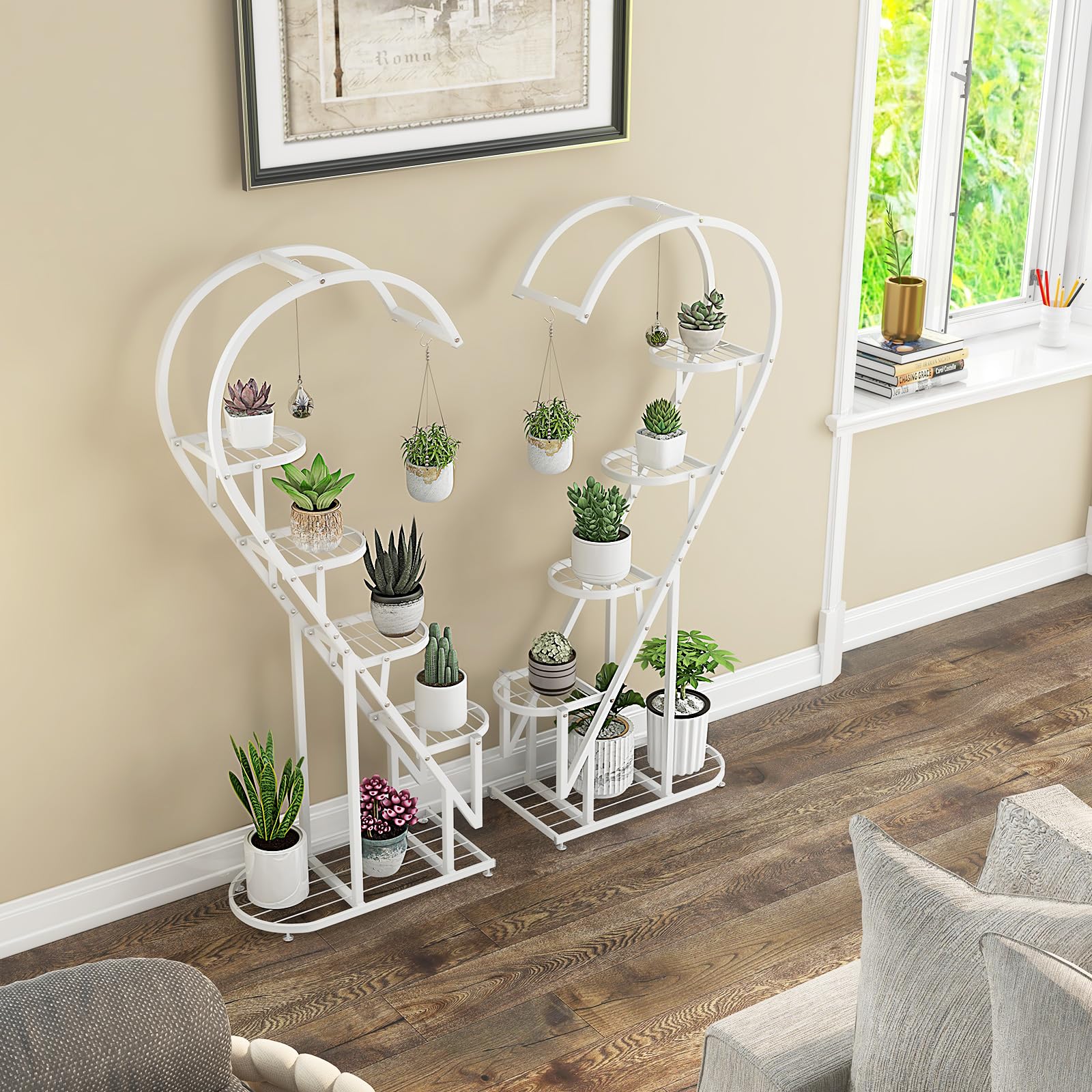 RELAX4LIFE Porta Piante a 5 Livelli, Scaffale per Piante in Metallo, Forma di Cuore, Supporto per Piante con 4 Ganci, Porta Vasi per Soggiorno e Camera da Letto (2, Bianco, Cuore)
