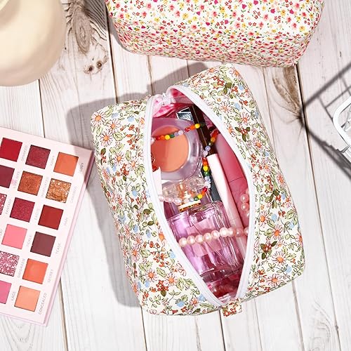 Miniatura 5 de SOIDRAM Bolsa de maquillaje acolchada Bolsa de cosméticos floral Coqueta hinchada Bolsa de maquillaje, verde, rosado, (Pink Green Floral)