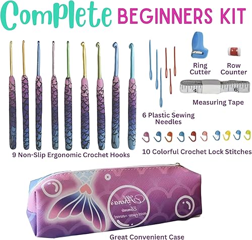 Miniatura 3 de Athena's Elements Juego de ganchos de ganchillo, kit de 9 piezas para principiantes, niños y adultos, suministros de tejido y ganchillo con funda,