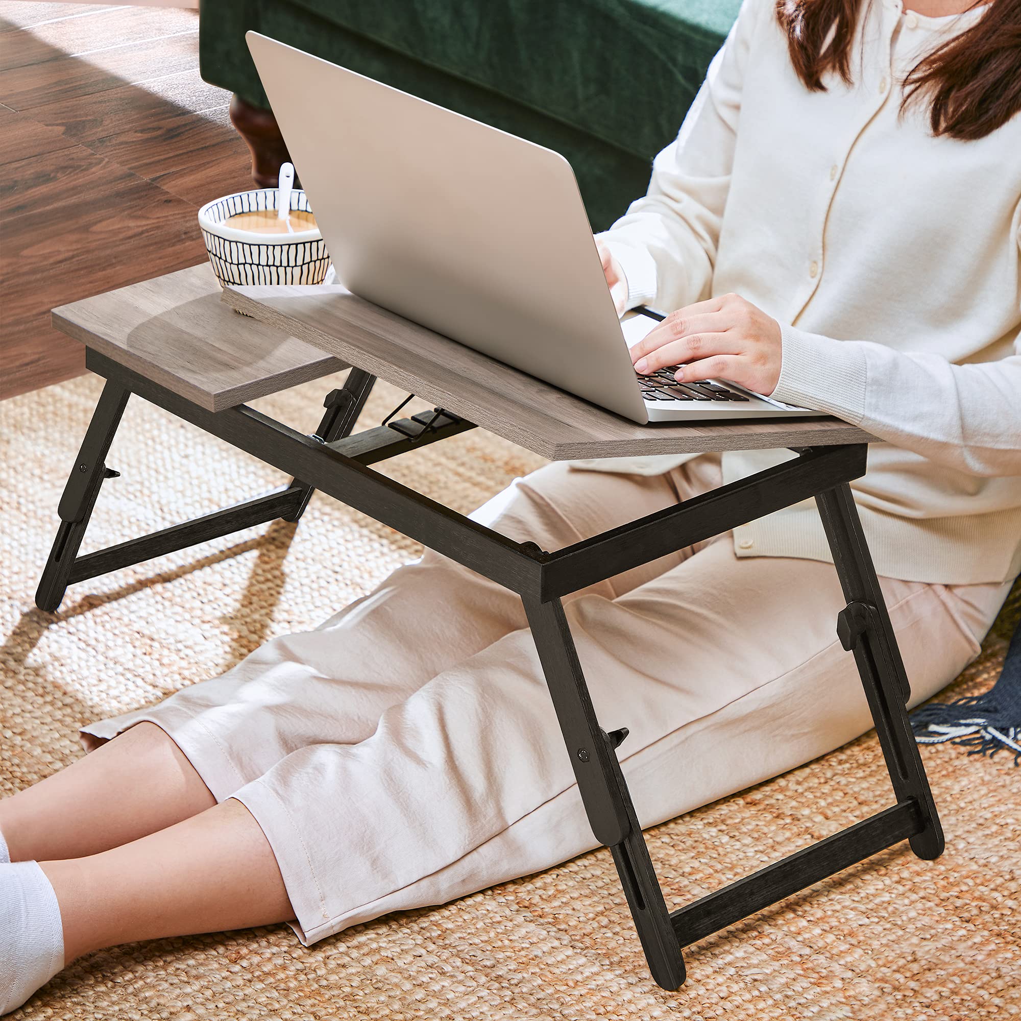SONGMICS Laptoptafel Voor Bed – Verstelbare Hoek En Hoogte, Opvouwbaar Bamboe Bureau Met Lade, Zwart 2 miniatura