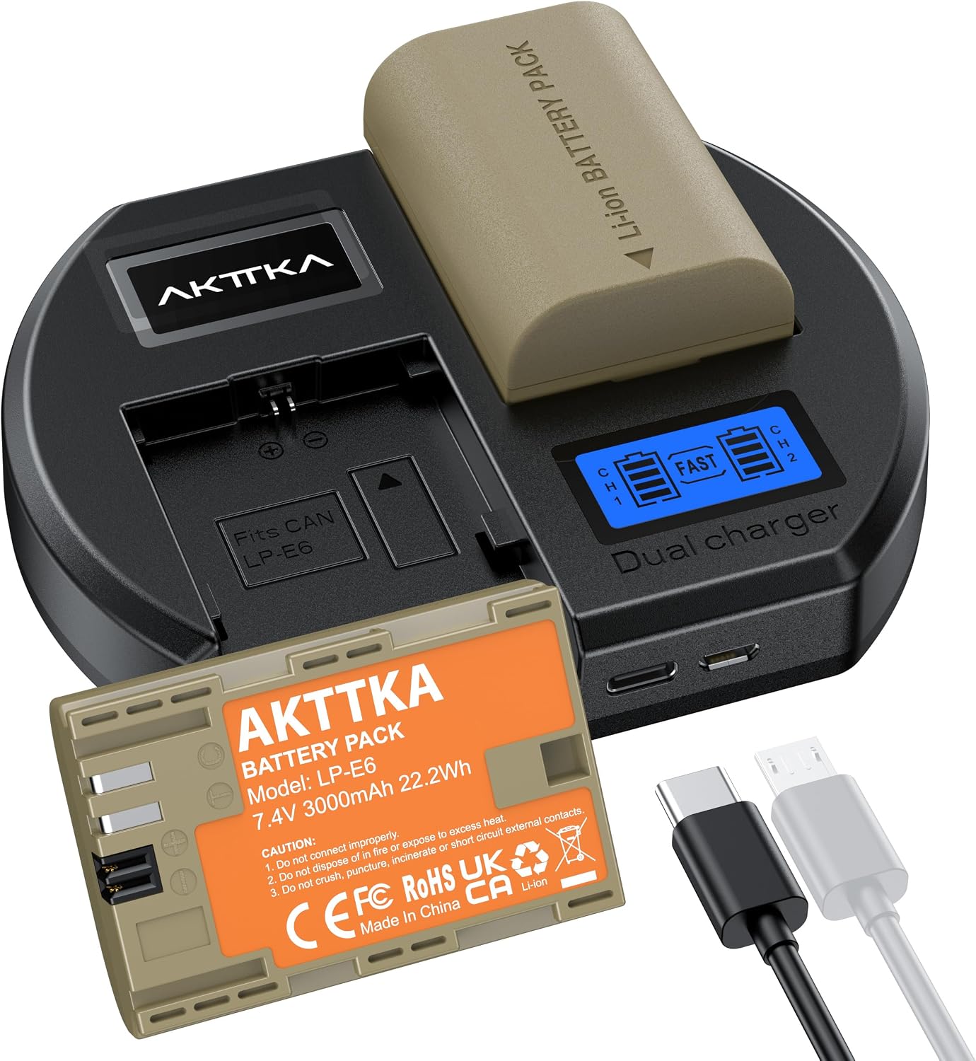 LP-E6/LP-E6N Battery 18 W Fast Charger with 2 x Replacement Batteries 3000 mAh for Canon LP-E6/LP-E6N - Compatible with EOS 5D Mark II/III/IV 6D 6D Mark II 7D 7D Mark II 60D 70D 80D