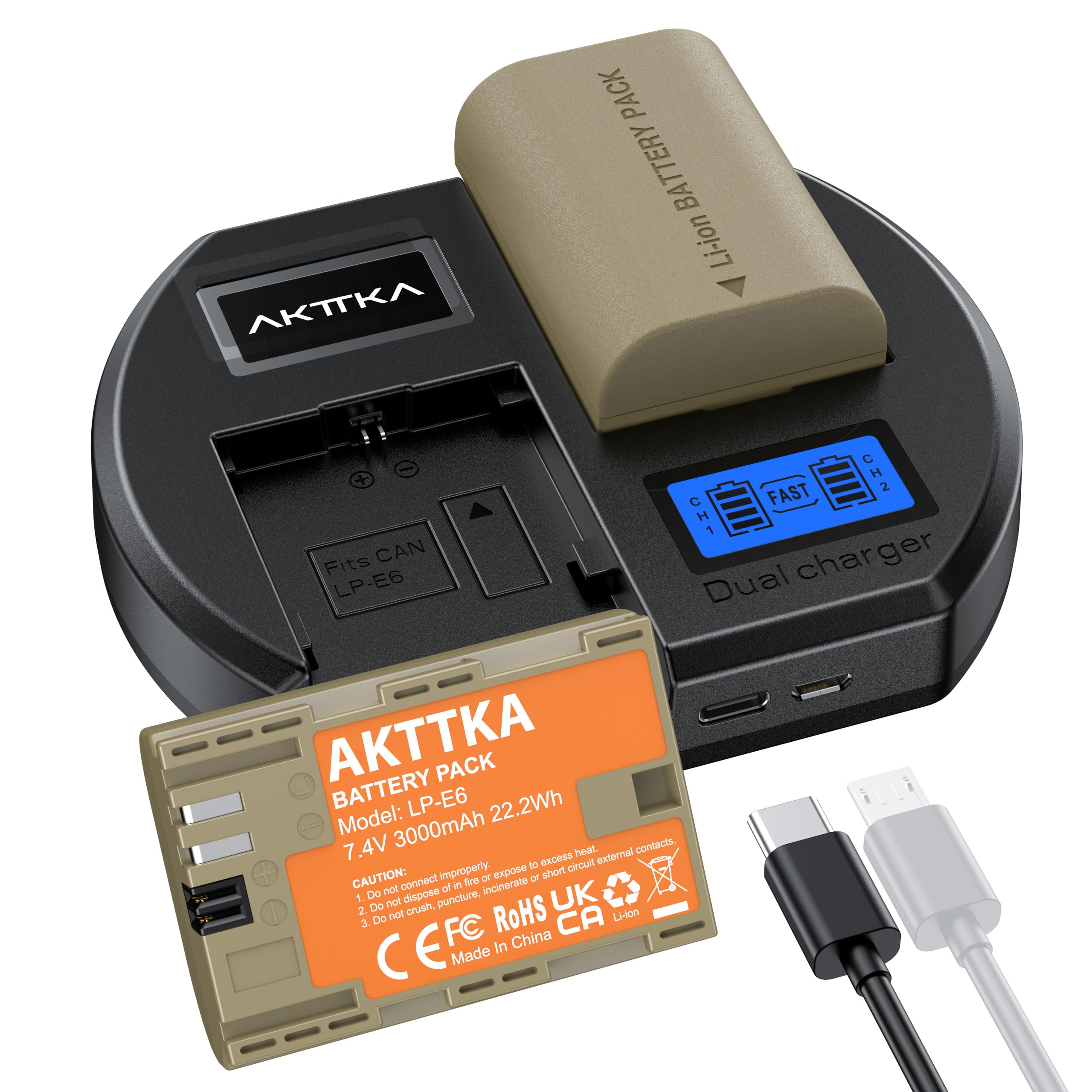 LP-E6 Batterie de Rechange (2 x 3000 mAh) et Chargeur Smart LED Dual USB pour Canon LP-E6, LP-E6N et Canon EOS 5D Mark II/III/IV, 5DS, 5DS R, 6D, 7D, 7D Mark II, 60D, 70D, 80D et Plus (Noir)