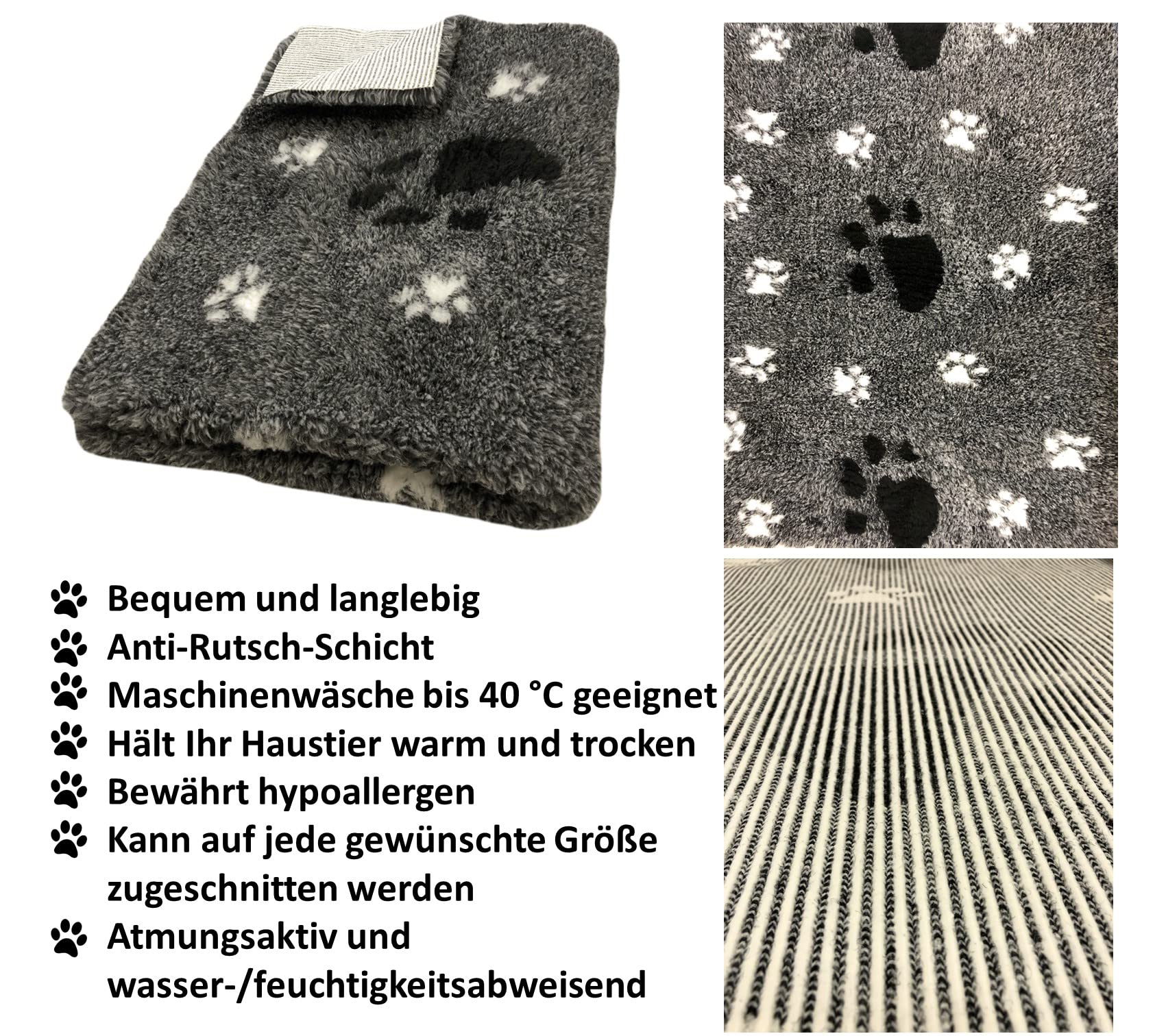 elropet Hundedecke Hundematte Premium 30mm Original rutschfest S/M/L für kleine Hunde/große Hunde Vet Bed höchste Qualitätsstufe (L 160cm X 100cm, Grau + Schwarze Pfote)