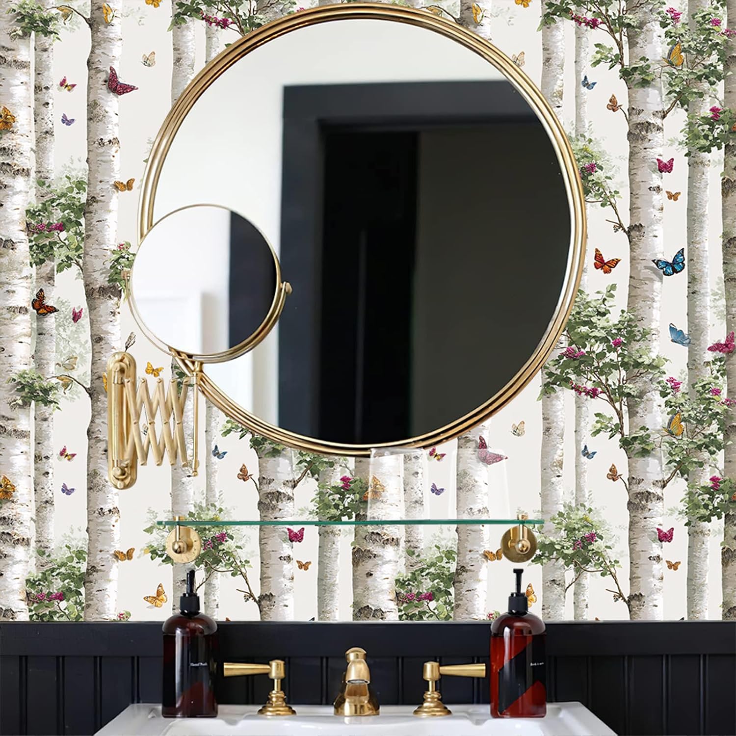 Enchanting White Birch Trunk Vibrant Multicolored Butterfly Peel and Stick Wallpaper Easy Peel Off Contact Paper Stick on Adhesive Wall Paper for Bathroom Waterproof Renter 17.71"x236.2"