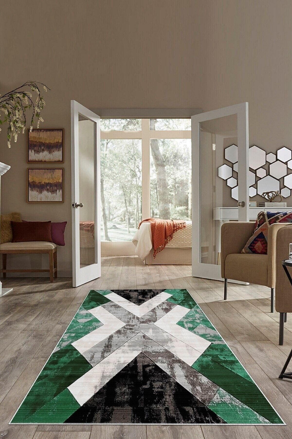 Pelangi Yeşil Geometrik Desen Renk Geçili Yıkanabilir Kaymaz Taban Leke Tutmaz Modern Salon Halı Ve Yolluk, Yeşil 80 x 400