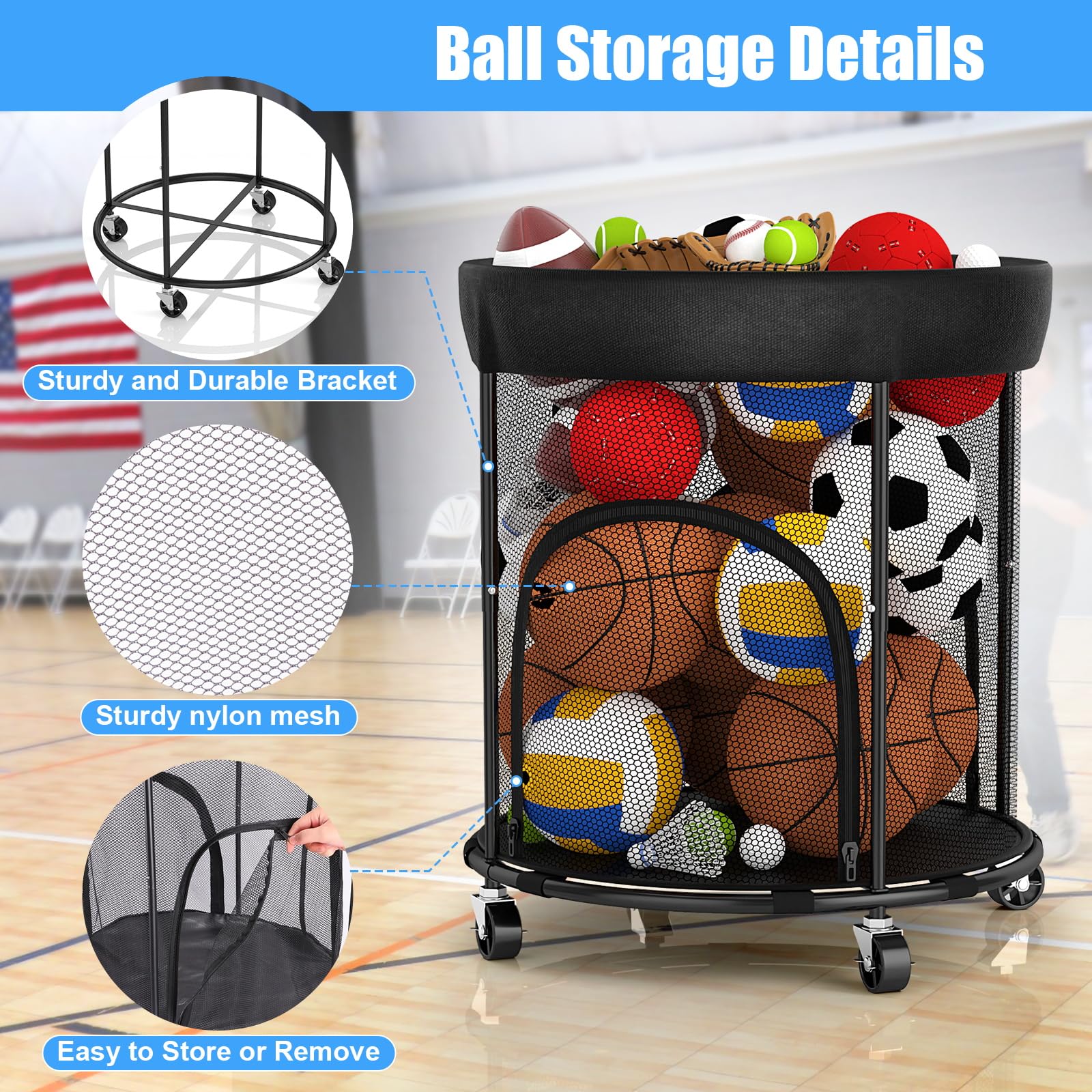 Ballaufbewahrung, Garage, Sportausrüstung, Organizer, Basketballhalter, Ballregal, Basketball-Organizer, Spielzeug-Aufbewahrung, Ballwagen mit Rädern, seitlichem Reißverschluss, einfacher