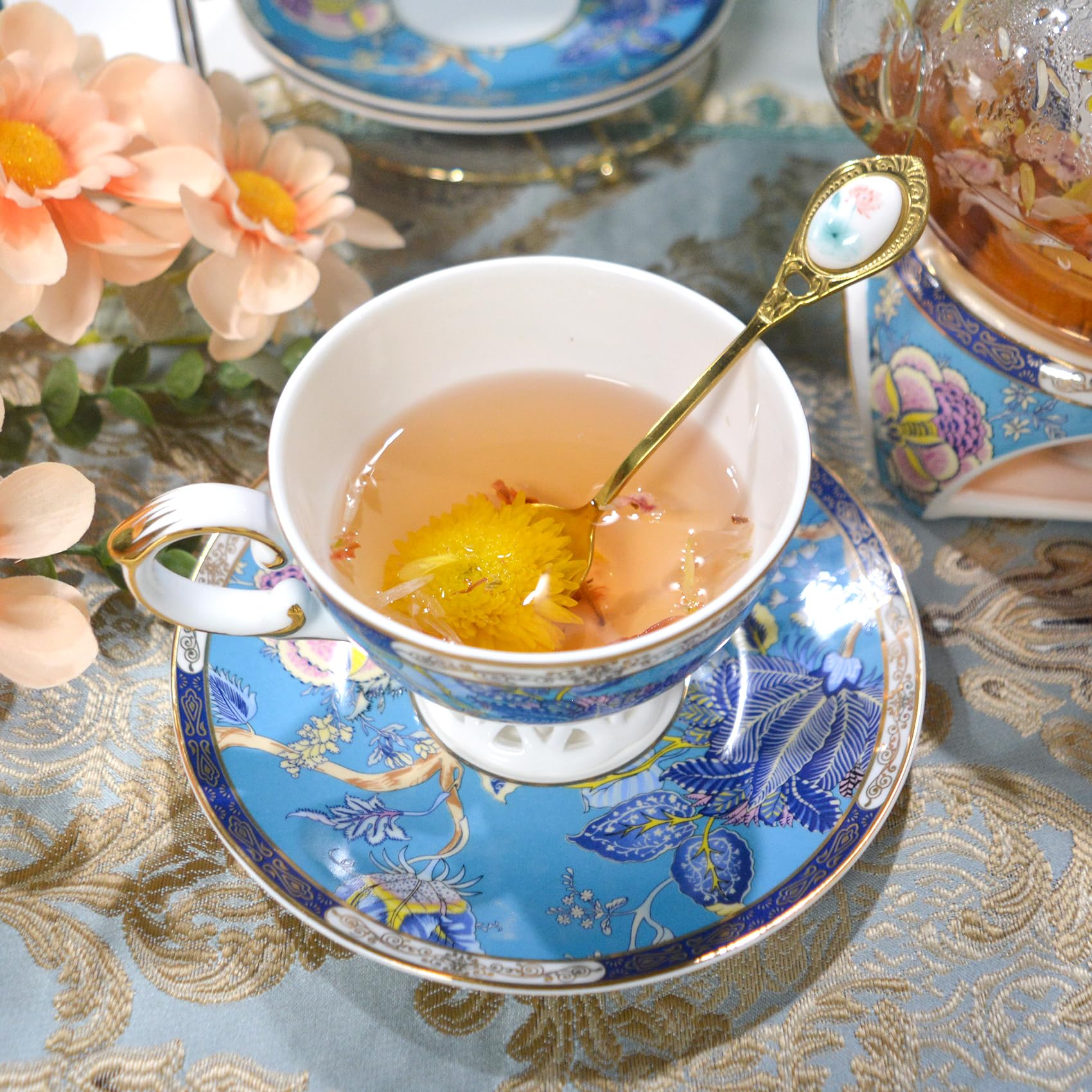 ACMLIFE Royal Service De Table 12 Pièces En Porcelaine Anglaise Pour 4 Personnes, Motif Floral Vintage Avec Assiettes Et Bols Légers (bleu Doré Noble