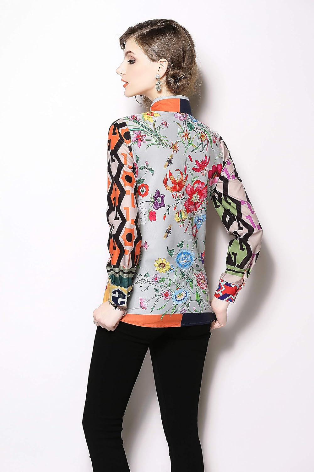 LAI MENG FIVE CATS Women's Shirt Floral Print Long Sleeve Button Down Casual Blouse Top - Image 6