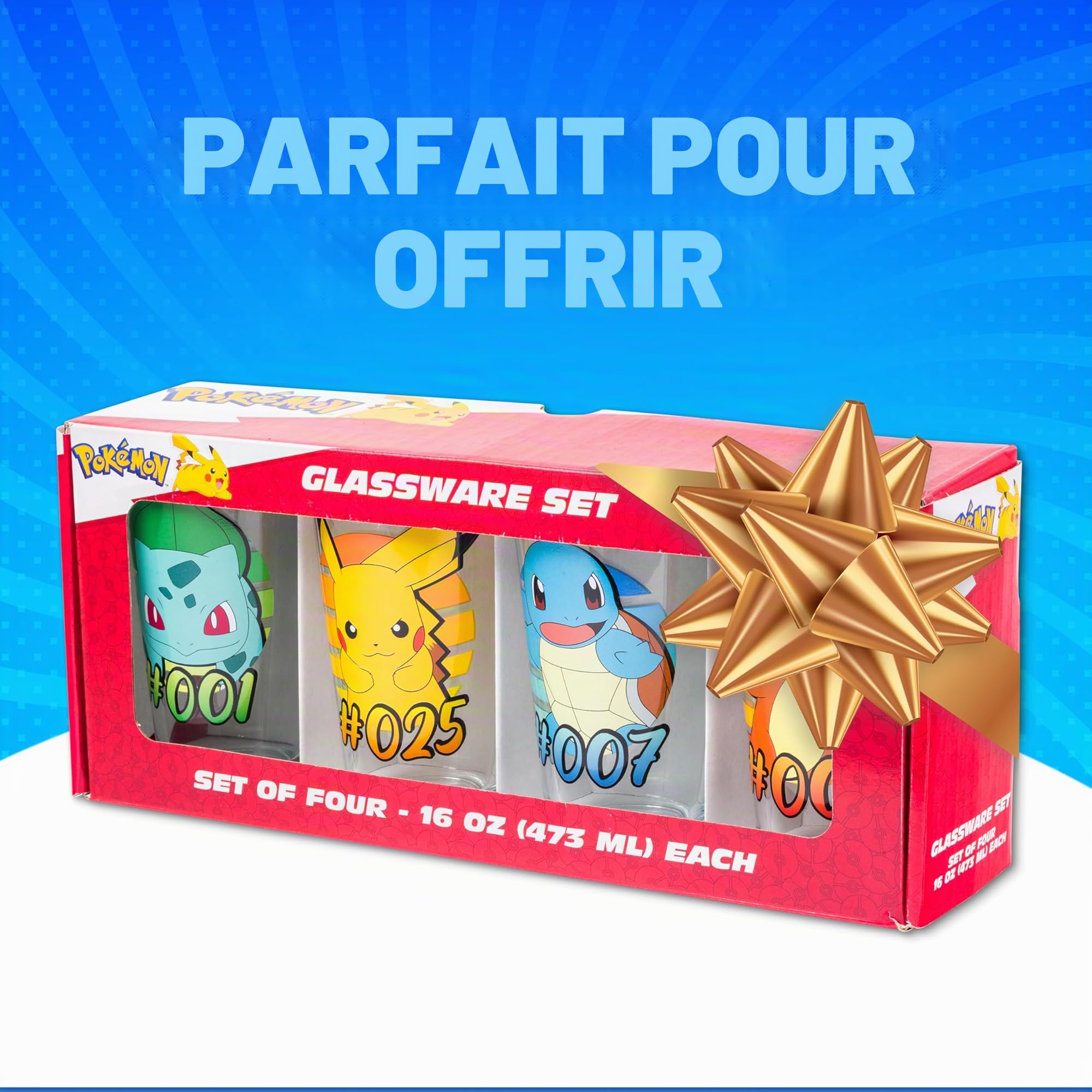 Silver Buffalo Pokémon Original Starters Lot de 4 verres à bière Charmander, Squirtle, Bulbasaure et Pikachu 473 ml