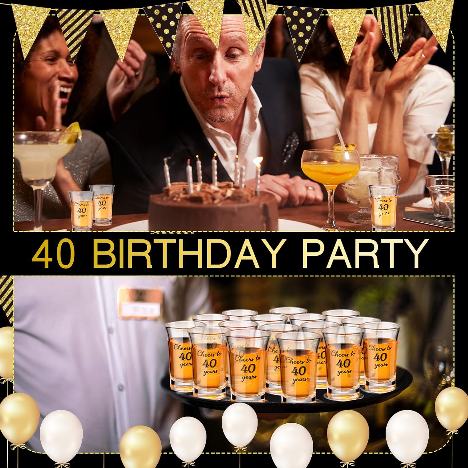 50 Set 40th Birthday Party Favors for Guests Black Gold 40 Years Old Acrylic Clear 1 oz Shot Glasses with Thank You Cards Gift Bags