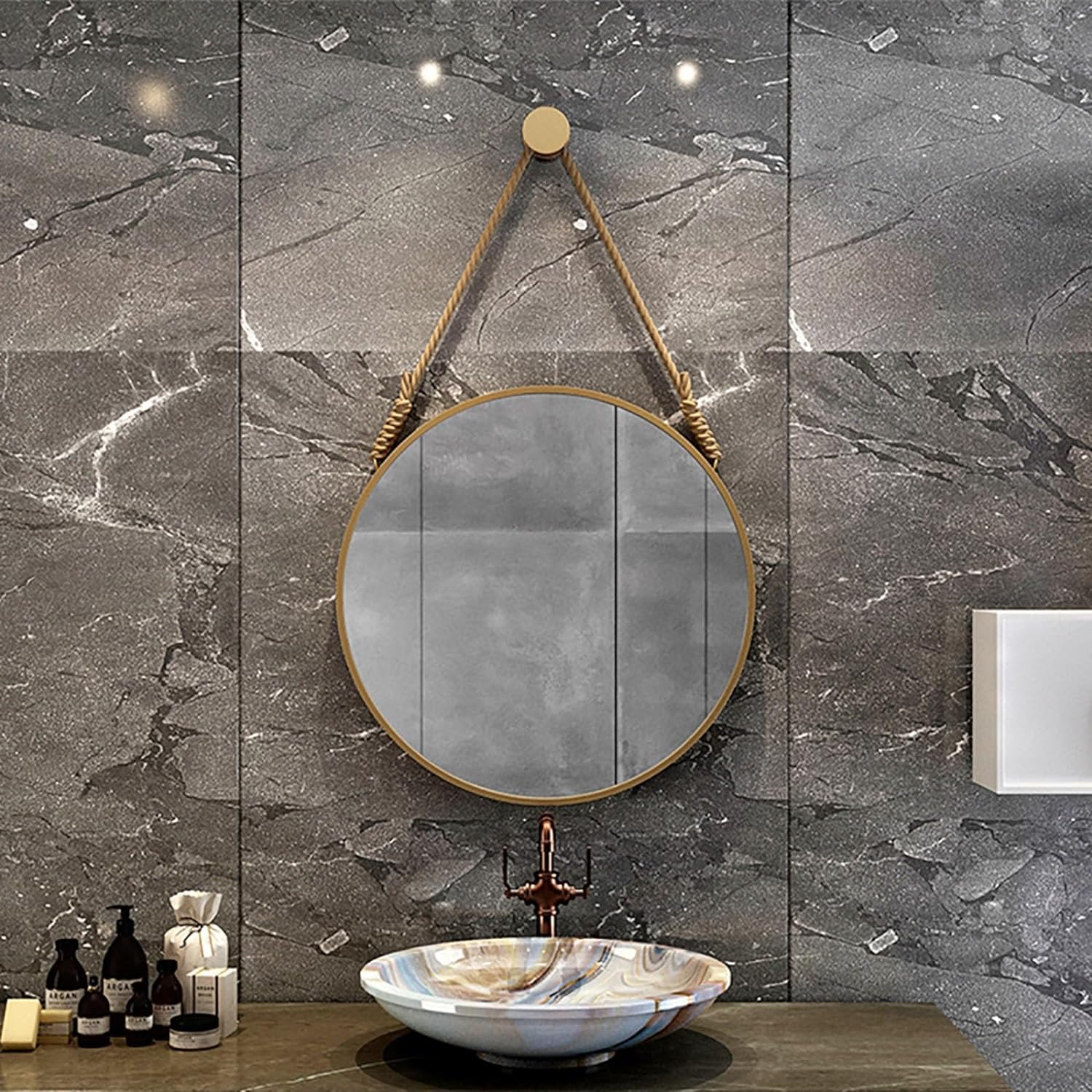 Okrągłe lustro, lustra łazienkowe, lustro linowe, lustro wiejskie, dekoracyjne metalowe lustro z wiszącą liną do łazienki sypialnia salon przedpokój, złoto, 60 cm/24 cale