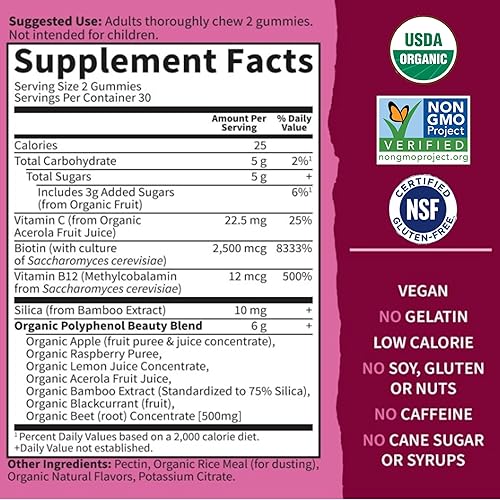 Miniatura 6 de Garden of Life Gomitas orgánicas de raíz de remolacha hechas de pectina con antioxidantes, vitamina C, biotina y B12 para cabello, piel y uñas,