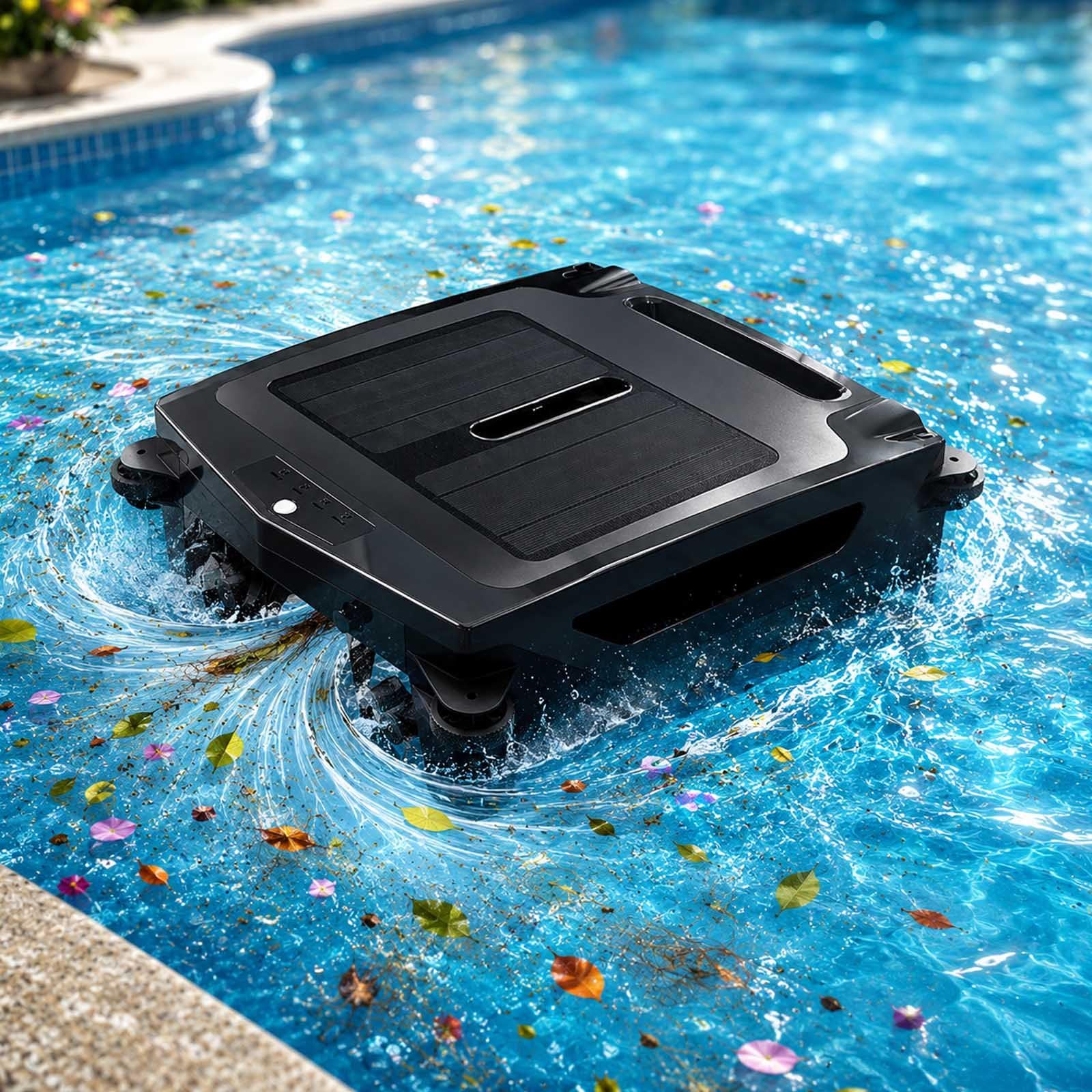 aallwwsso Solar Powered Robotic Pool Skimmer, Automatic Pool Skimmer Robot With Smart Sensors, Brushless Motor, Solar & 2500mah Battery Backup, Cordless Robotic Pool Skimmer For Above Ground Pools