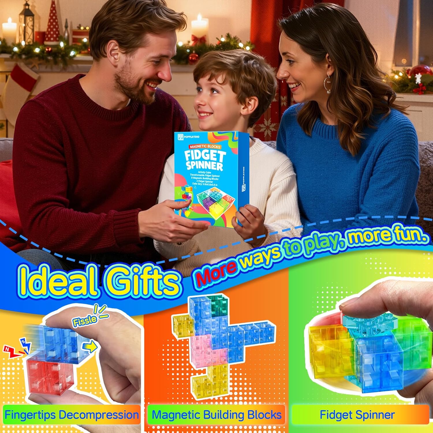 4-in-1 Magnetic Fidget Spinner & Building Blocks Set for Kids & Adults–Colorful Transparent Magnetic Blocks | Stress Relief Sensory Toys for ADHD Autism Focus | STEM Travel Toys & Classroom Rewards