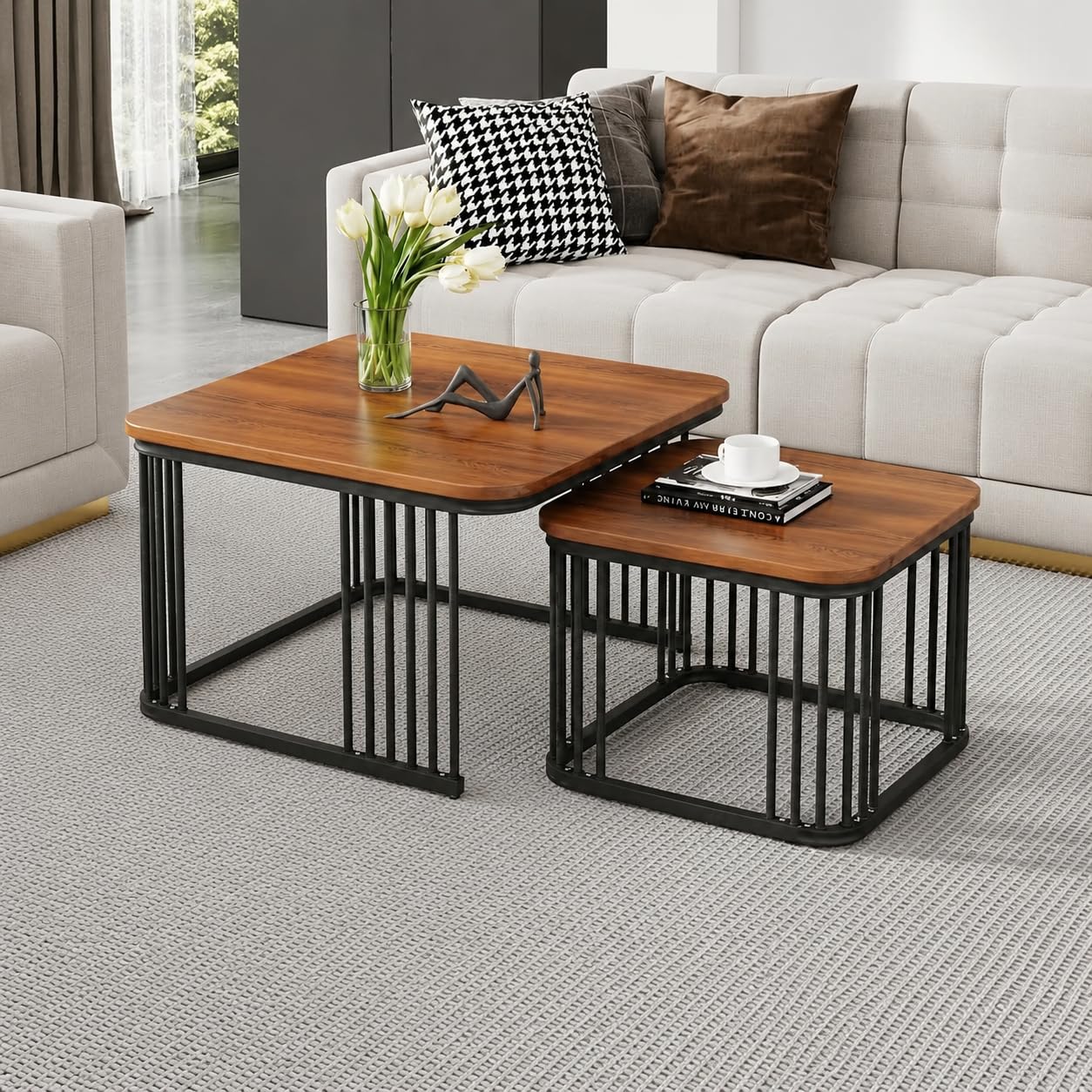 BLISS HOME DECOR Square Nesting Table Set of 2 for Living Room, Room Decoration Item for Bedroom, Coffee & Side Table with Marble MDF White Top and Iron Base (Black & Brown) (L -51x48CM) (S-41X41CM)