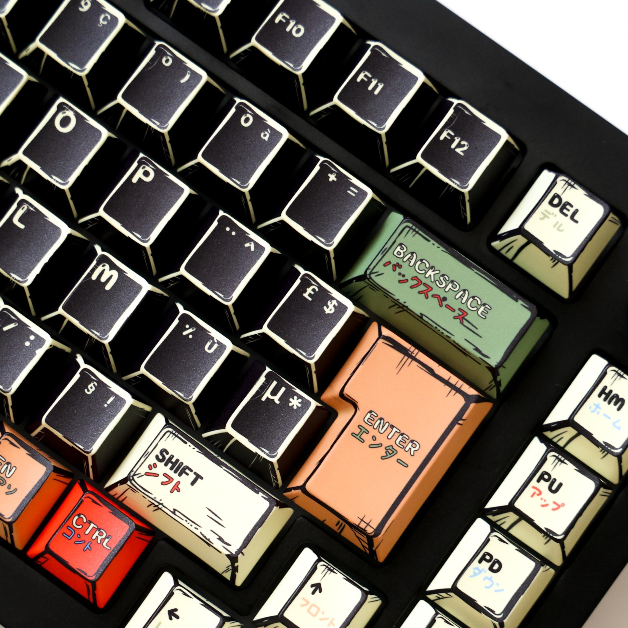 Black Manga Keycaps PBT AZERTY/QWERTY, Layout ISO & ANSI, 143 Touches, Épaisseur 1.8mm, Profil Cherry, Compatible MX Switch, FR/en/DE/ES, pour Clavier Mécanique/Magnétique, 60%/75%/100% (FR)