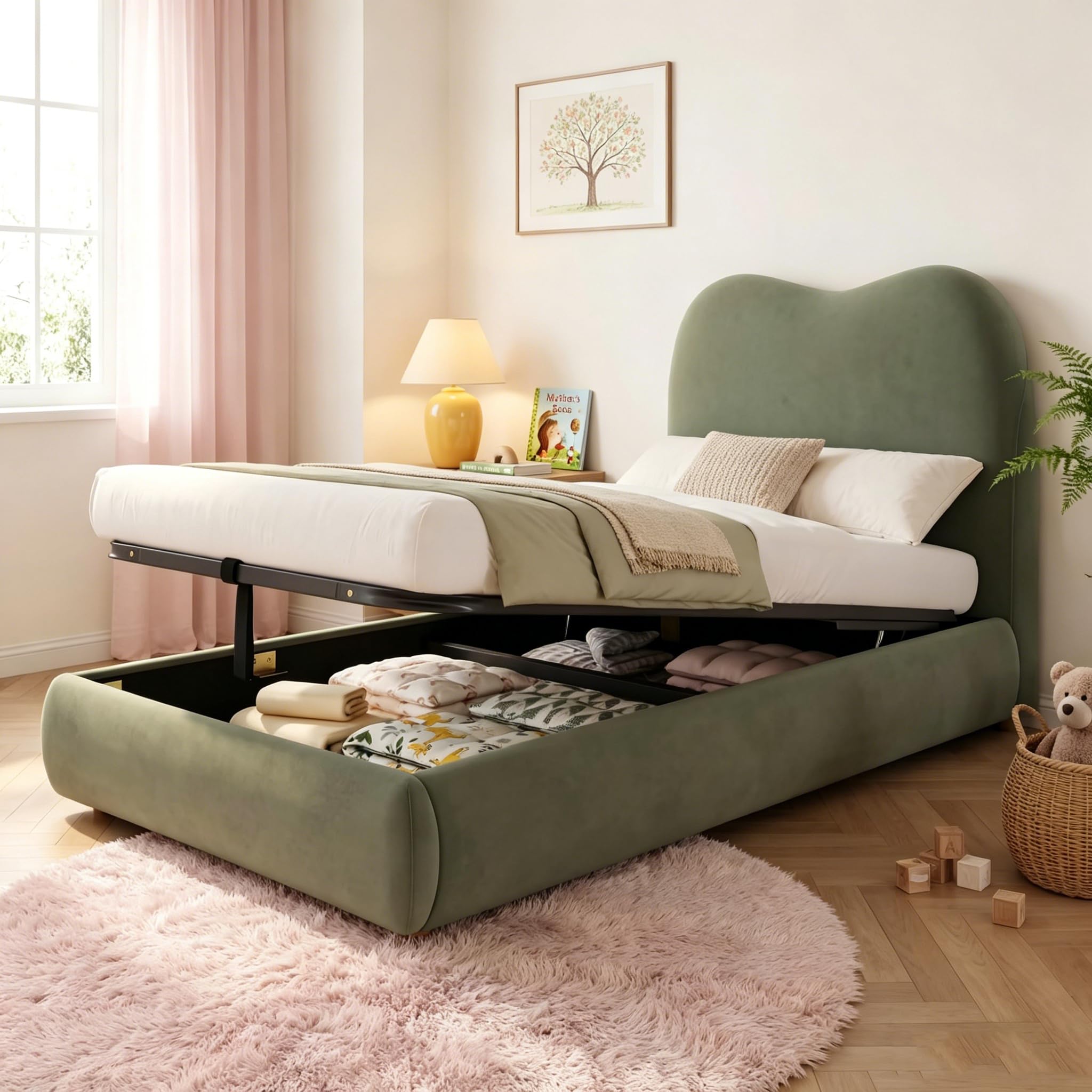 Single Bed Frame with Hydraulic Storage, 3ft Upholstered Ottoman Bed with Headboard & Wood Slats, Velvet Fabric Platform Lift Up Storage Bed For Adults Kids Teenagers, 90x190 cm, Green, No Mattress