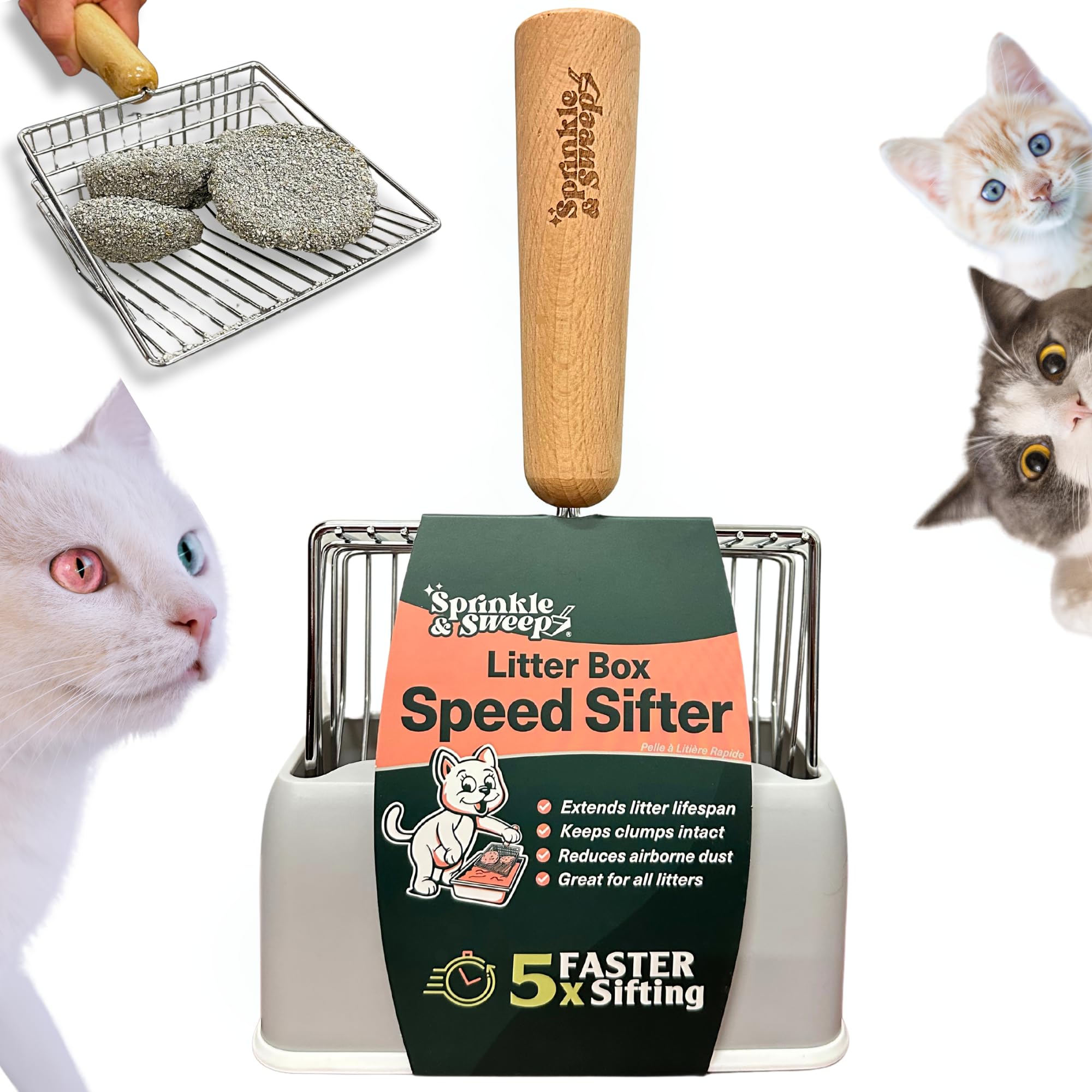 Sprinkle & Sweep Metal Cat Litter Scoop - Heavy Duty Litter Scooper & Speed Sifter with Comfortable Beech Wood Grip - Washable Convenient Stand for Easy and Efficient Cleaning