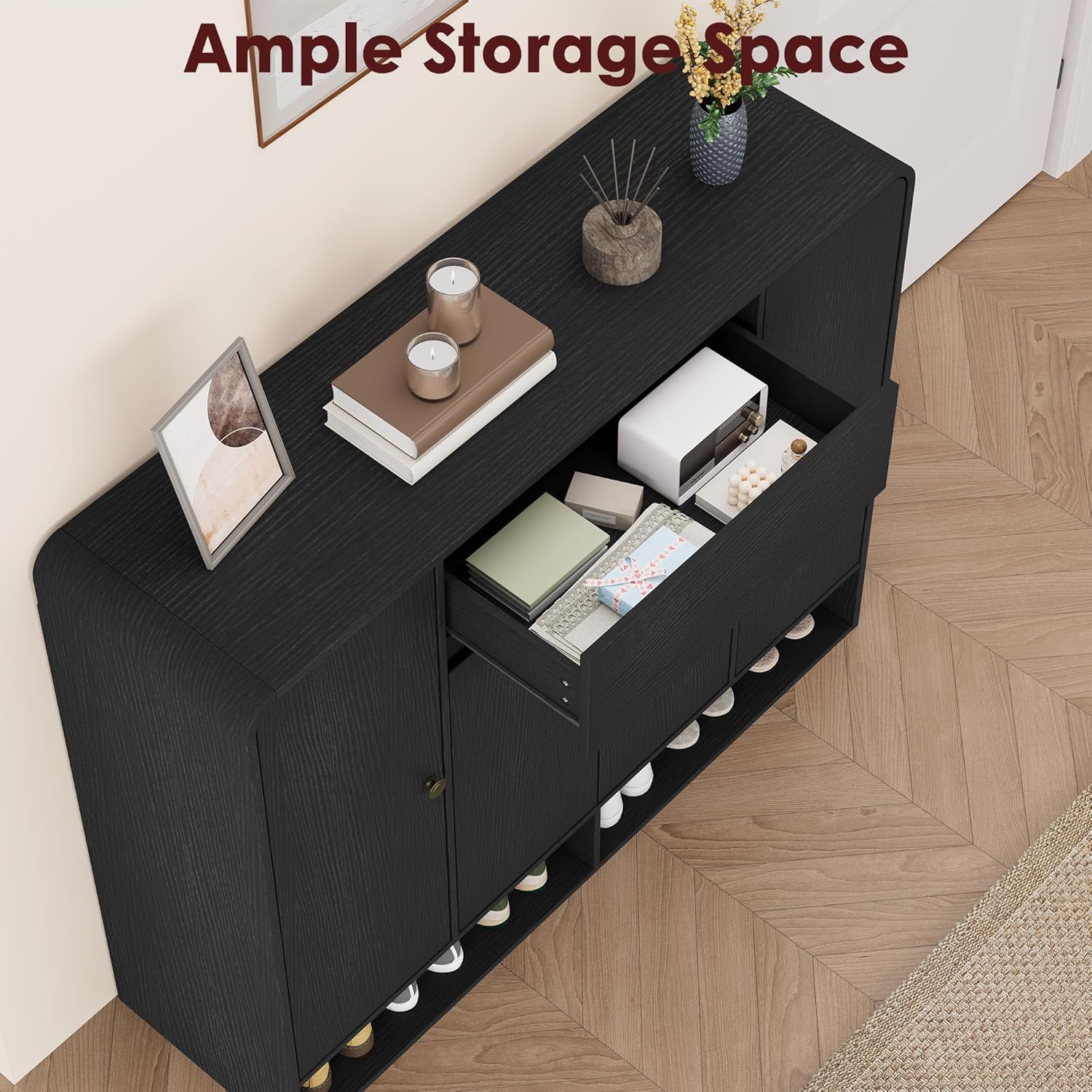 IDEALHOUSE 47.2 Inch Shoe Storage Cabinet with 4 Doors and 1 Drawer, Freestanding Entryway Organizer with Rounded Corner, Narrow Large Capacity Cabinet for Hallway, Living Room, Black