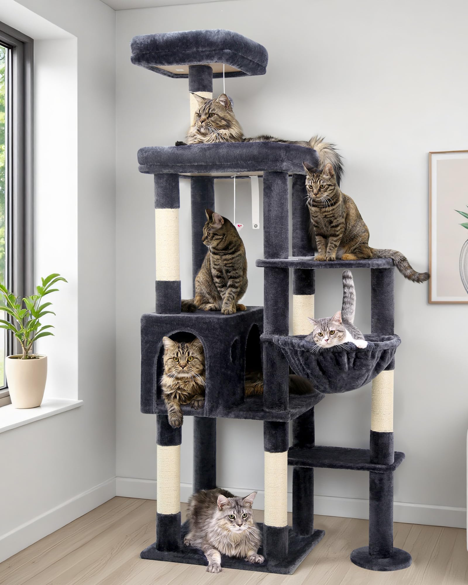 Globlazer Tiragraffi per Gatti XL, Albero Gatti Grandi Alto 167 cm con Grande Piattaforma Imbottiti Trespoli Grotte Cesto, Torre del Gatto Stabile per 3-4 Grandi Gatti Adulti (F65B, Grigio Scuro)