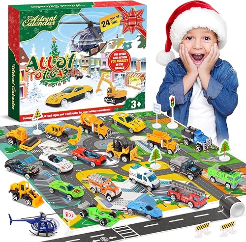 Calendario de Adviento de Navidad 2022 para niños vehículos de aleación y juegos de helicópteros de juguete más 2 alfombrillas de juego, regalo