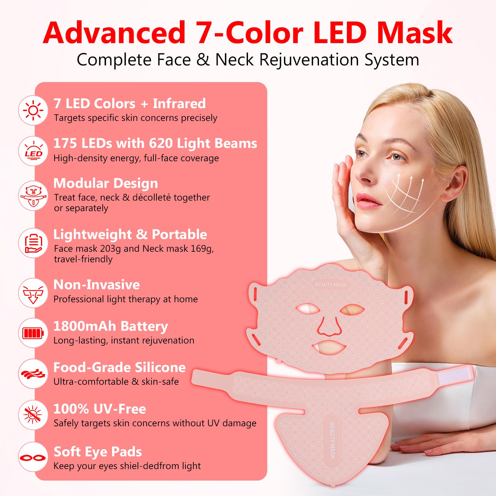 Maschera viso a LED per terapia della luce, 7 colori LED maschera per viso e collo con lampada a luce rossa per anti-invecchiamento, acne e tonificazione della pelle, cura professionale