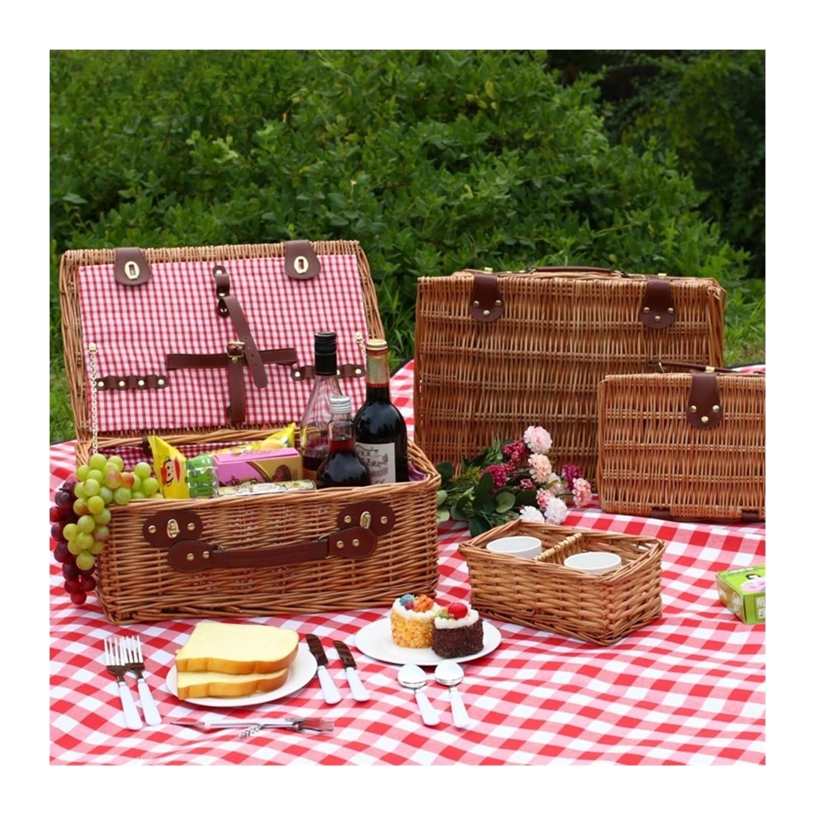 Caja de Picnic Hecha a Mano, Caja de Picnic, Cesta con Cubiertos, Cesta de ratán, Cesta de Almacenamiento, Accesorios de Picnic, Camping al Aire Libre, Juego Completo(Yellow)
