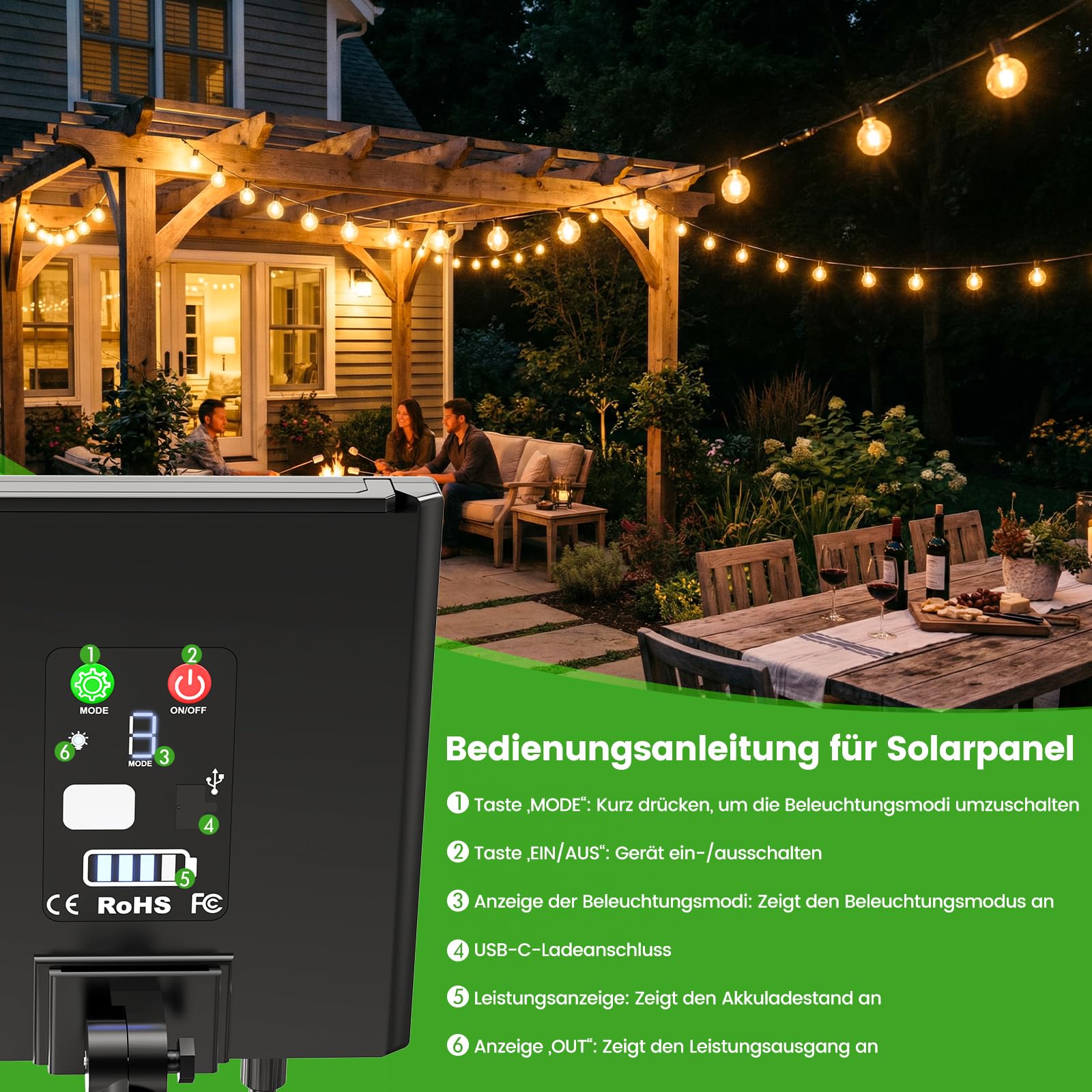 Solares Lichterkette für den Außenbereich, Solar-Lichterkette mit Fernbedienung, dimmbar, für den Außenbereich, Garten, G40, für Balkon, Terrasse, Hochzeit, Party (Solar-30M)