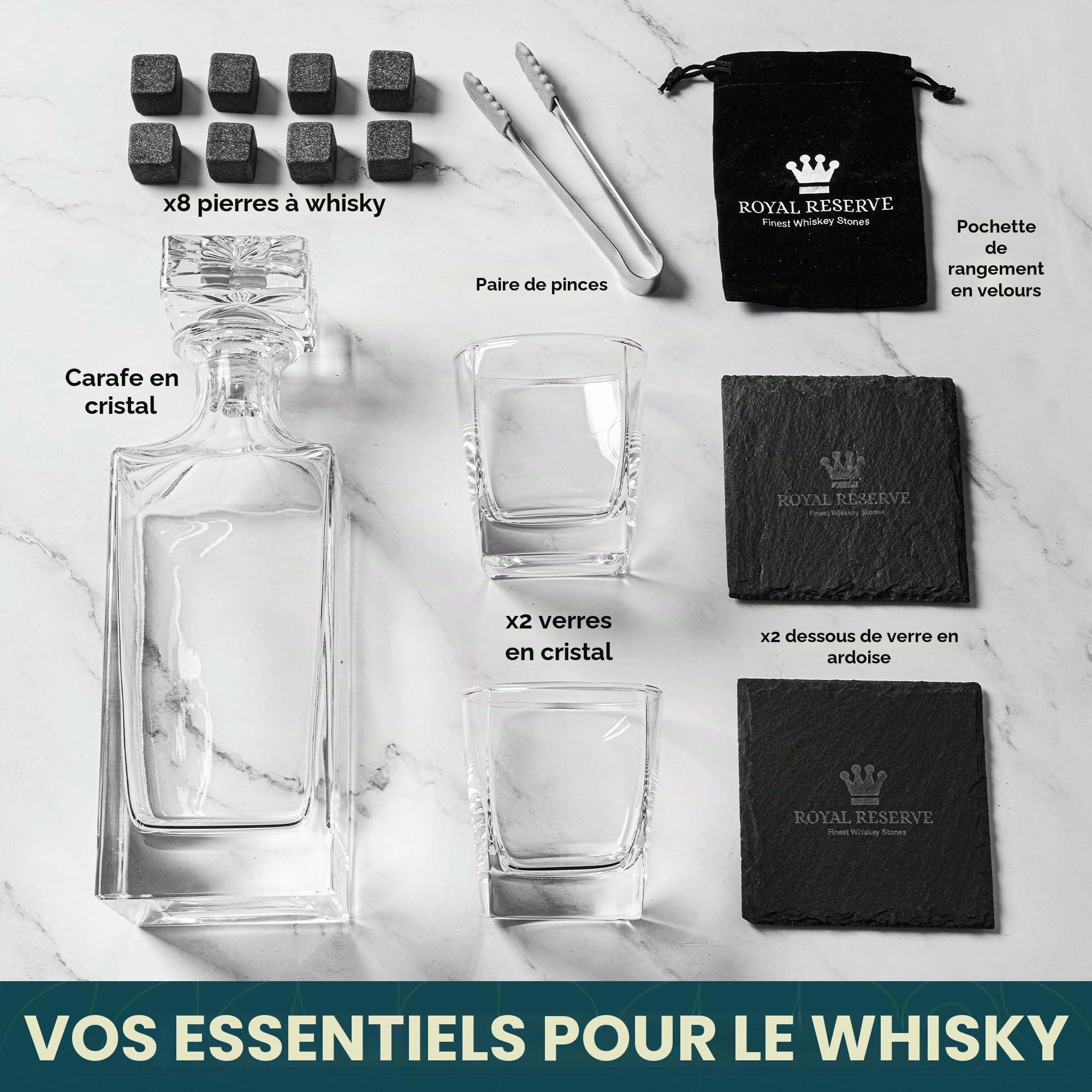 Coffret Whisky Cadeau – Verres, Carafe, Glacon Pierre Reutilisable, Dessous de Verre, Pinces à Glace, Boîte en Bois, Cartes Recettes, Sac en Velours – Service a Whisky pour Homme de Royal Reserve…