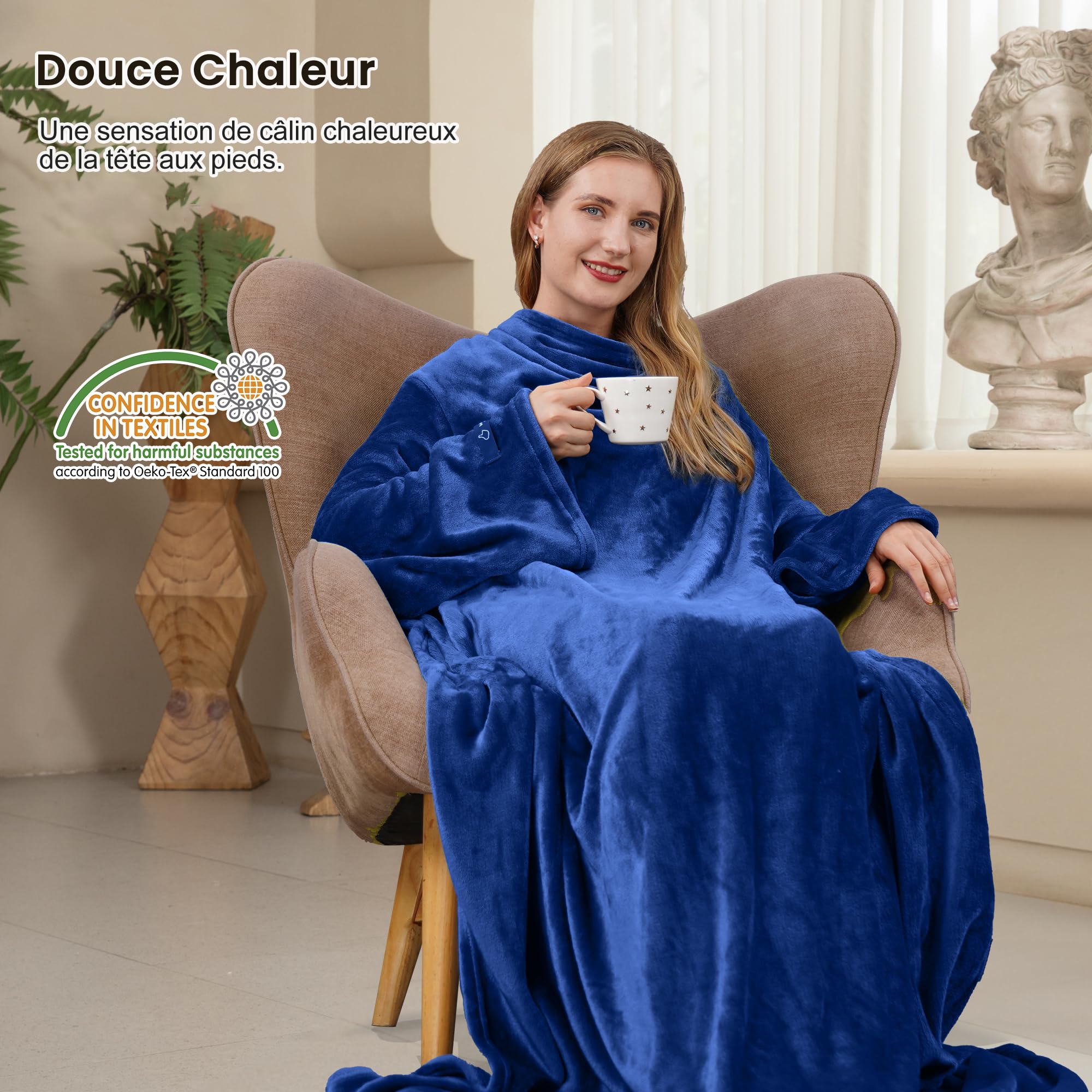 Winthome Plaid à Manche - Couverture avec Manches Douce et Chaude, Blanket Polaire avec Velcro, pour Cadeau, Noel, Femme, Homme, Économisez sur Les Coûts de Chauffage (Bleu Foncé, 140x180cm)