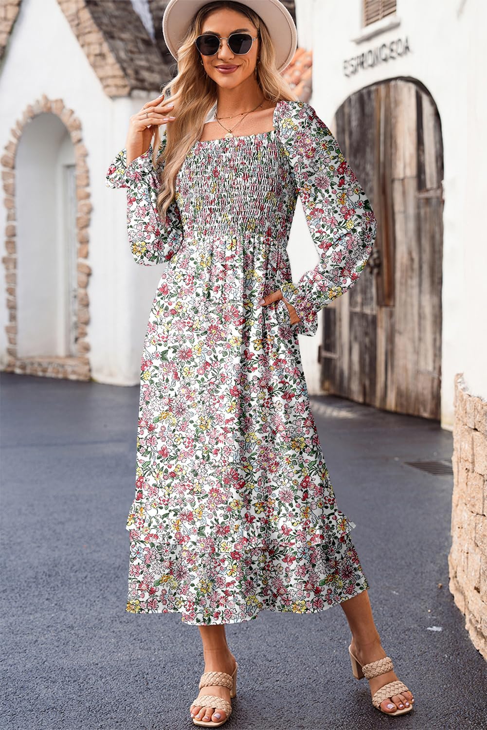 Dokotoo Boho Dresses for Women 2025 Casual Floral Square Neck Long Sleeve Smocked Elastic Waist Tiered Ruffle Hem Maxi Dress - Image 3