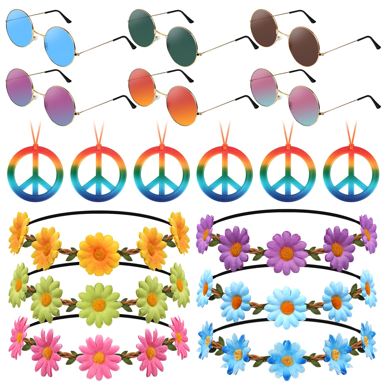Juego de Accesorios Disfraz Hippie de 18 Piezas Gafas de Sol Redondas Retro Collares con el Signo de la Paz Diademas de Margaritas y Girasoles para Fiesta de los Años 70 y 80