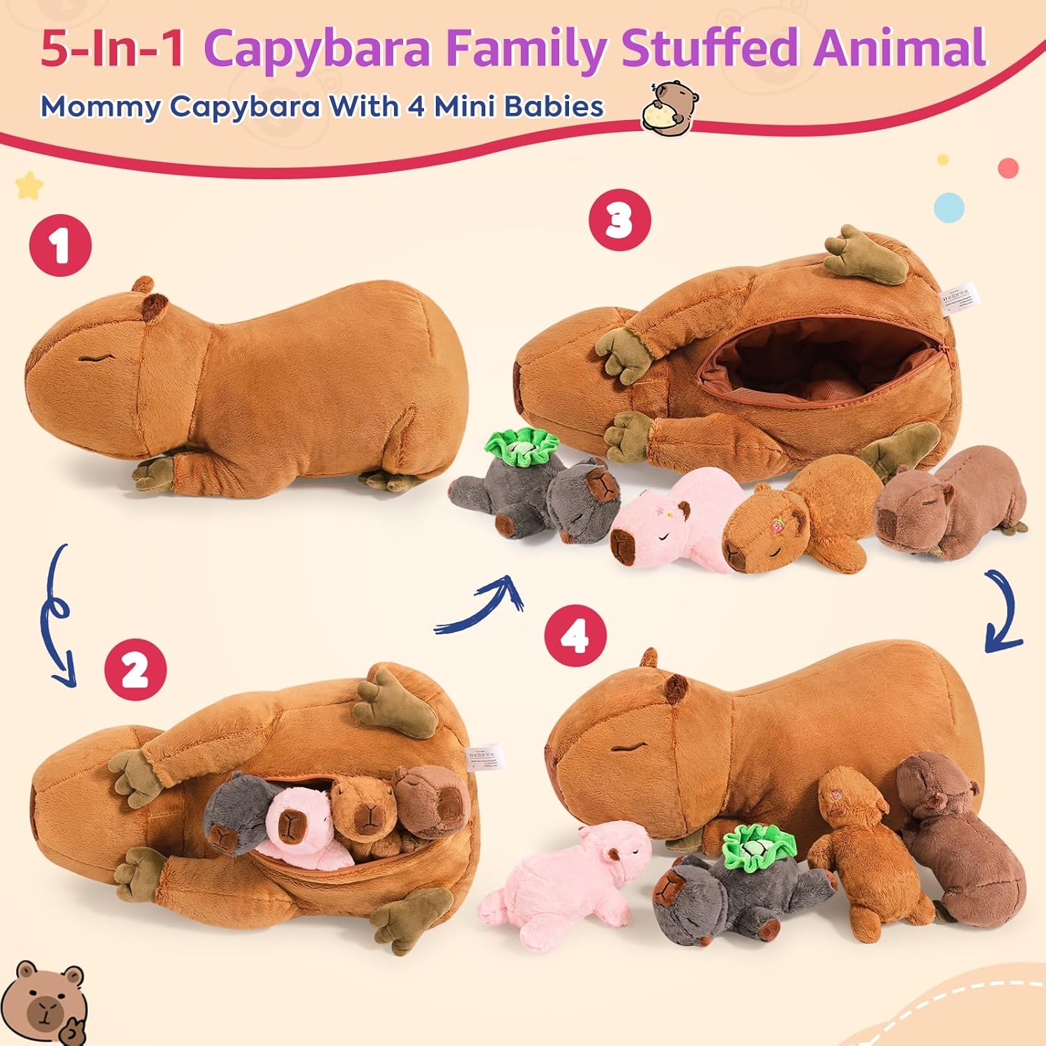 Ditucu 5Pcs Capybara Stuffed Animal Mommy 16.5 inch with 4 Babies 6.6 inch Family Set Cute Plushies Toys Gifts for Kids - Image 4