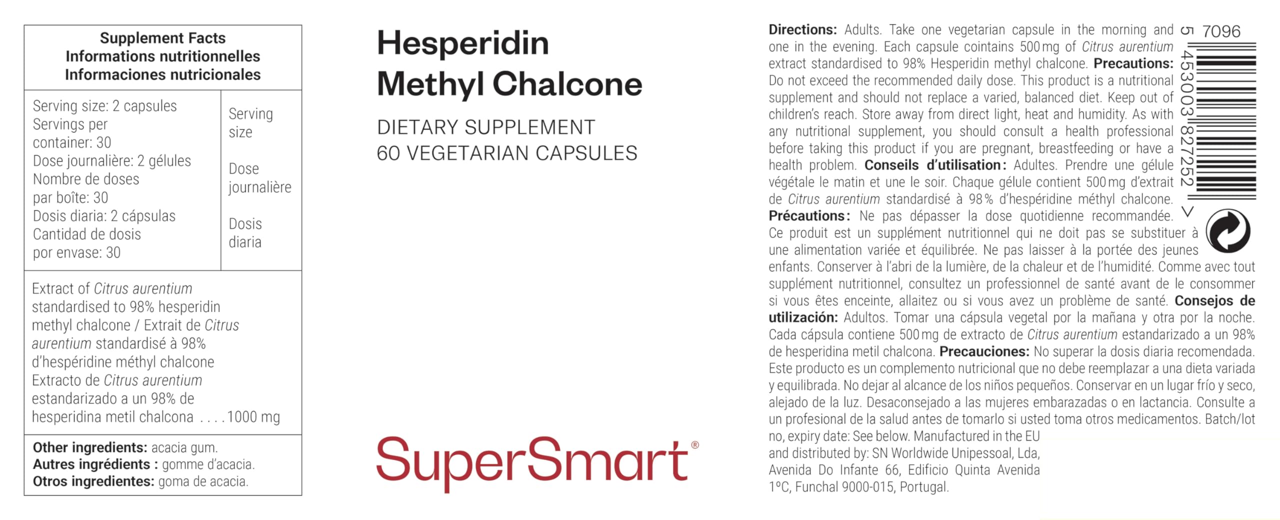 Hespéridine Méthyl Chalcone - Aiuta a ottimizzare la circolazione sanguigna - Salute cardiovascolare - Antiossidante - Estratto di Citrus Aurentium standardizzato al 98% - Vegano - Supersmart