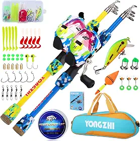 Conjunto De Vara Pescar E Carretilha Para Crianças, Leve Com Bolsa Equipamento Spinning, Iscas Jovens, Kit Inicial Meninos Meninas, Amarelo Azul