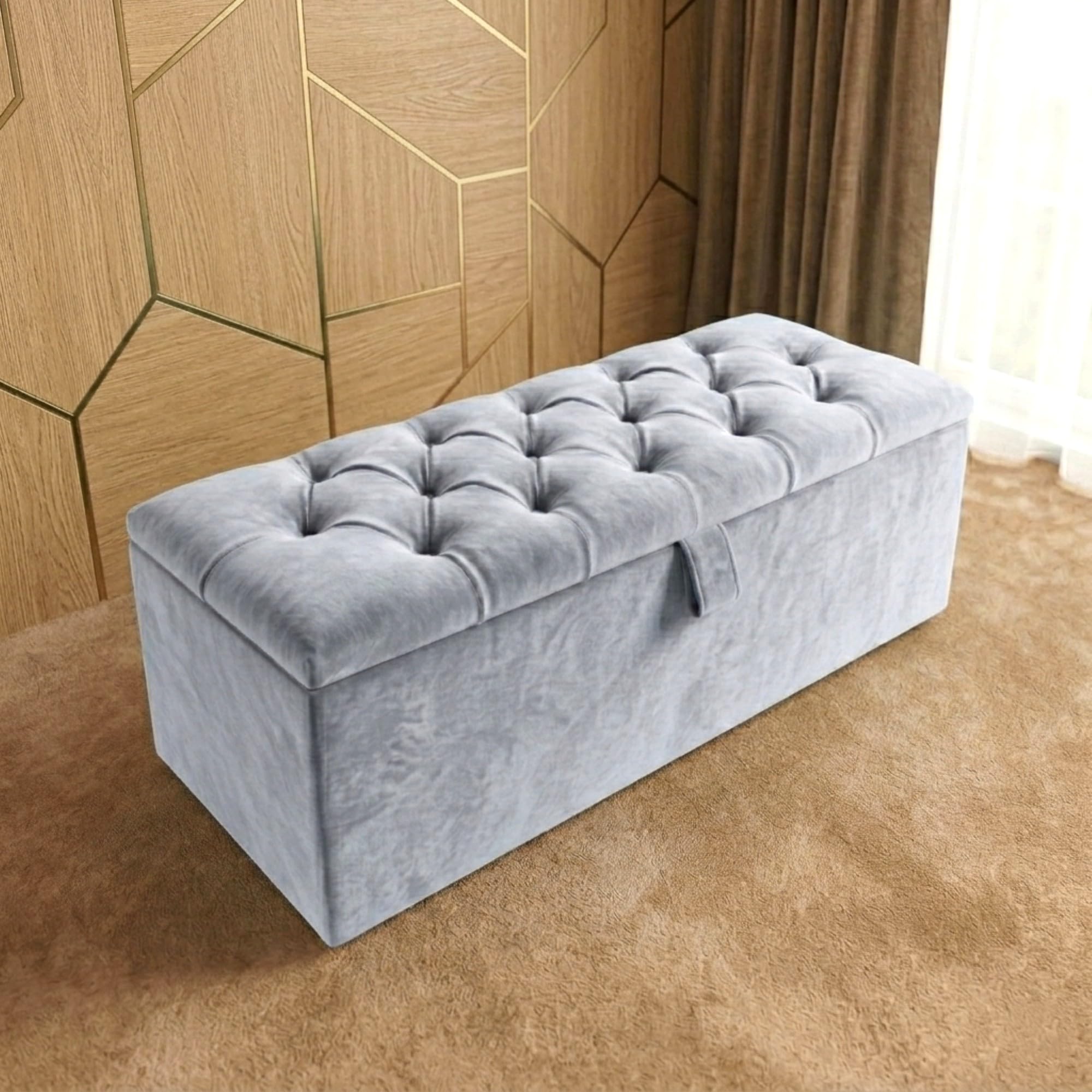 SK Ottoman Storage Box, Fabric Buttoned Velvet, Silver, Floor Standing โ image 1