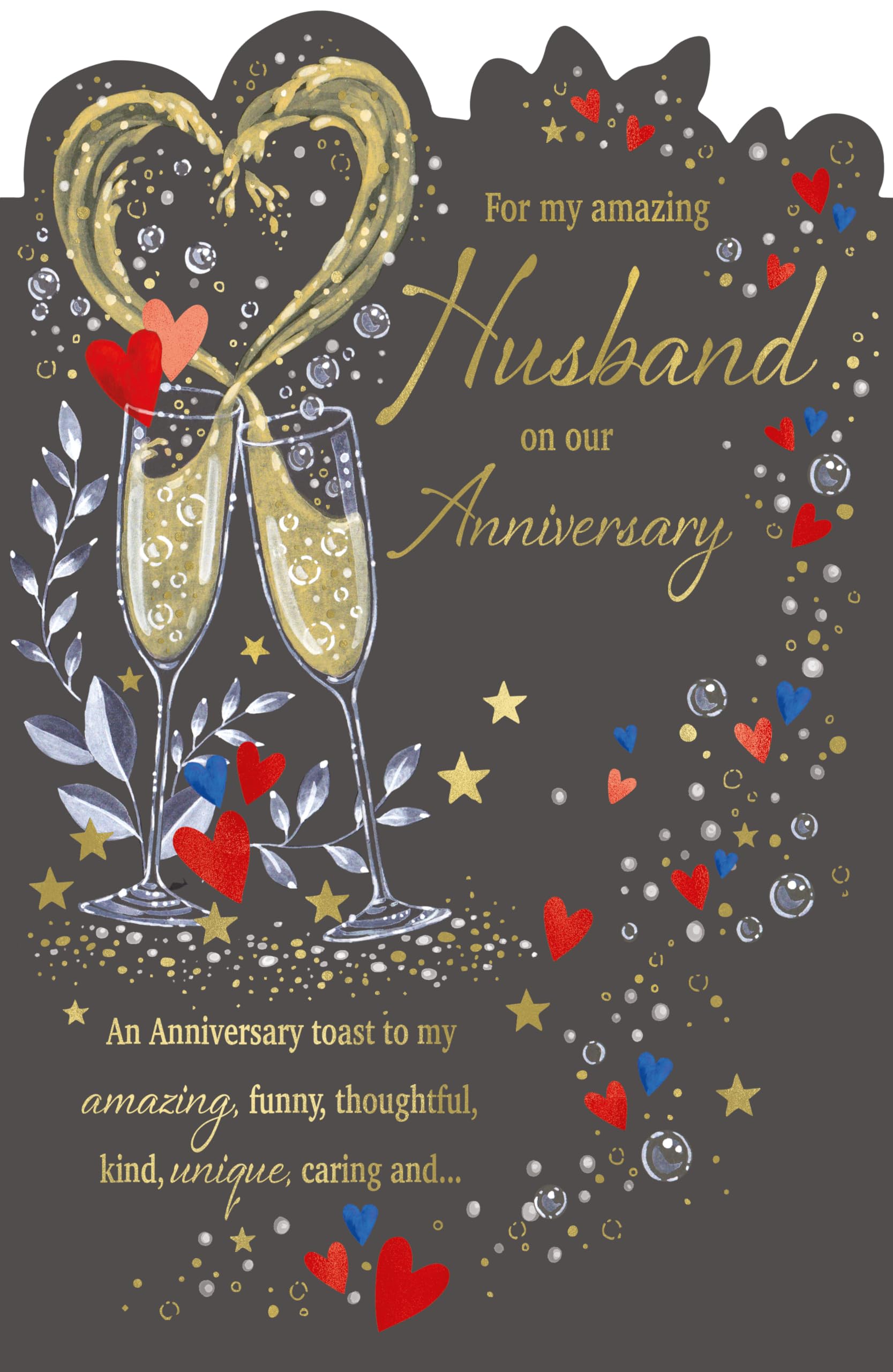 IC&G Luxury Anniversary Card for Husband - Elegant Heart & Champagne Design - Embossed Foil Finish - Scalloped Edge - Anniversary Greeting Card for My Amazing Husband
