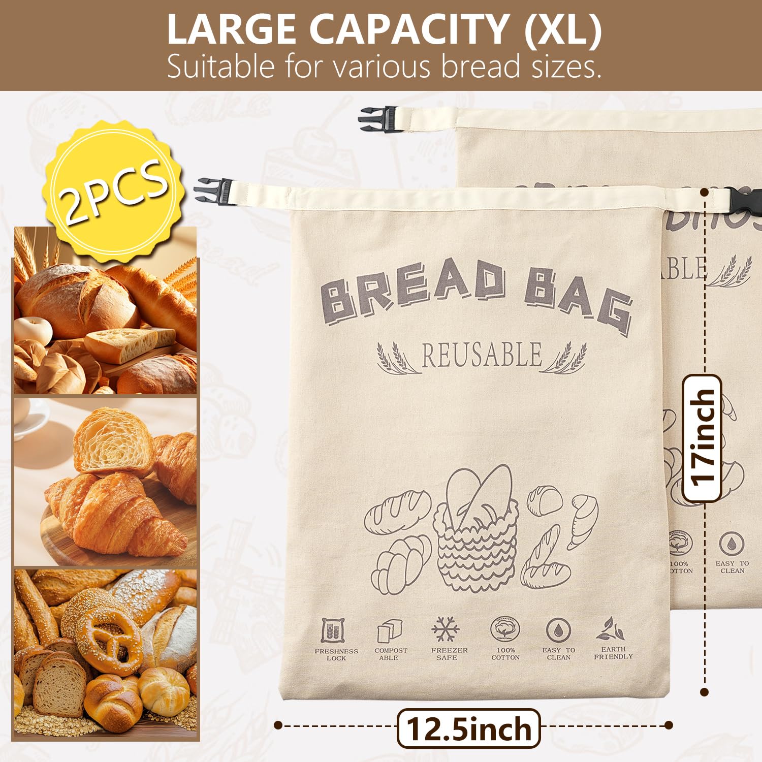 Bread Bags for Homemade Breads, Reusable Bread Bags For Sourdough, Food-Grade TPU Lining, 100% Cotton Outer Layer for Sourdough & Homemade Storage, 2 Pack XL Capacity, Baking Freezer Fresh Keeping