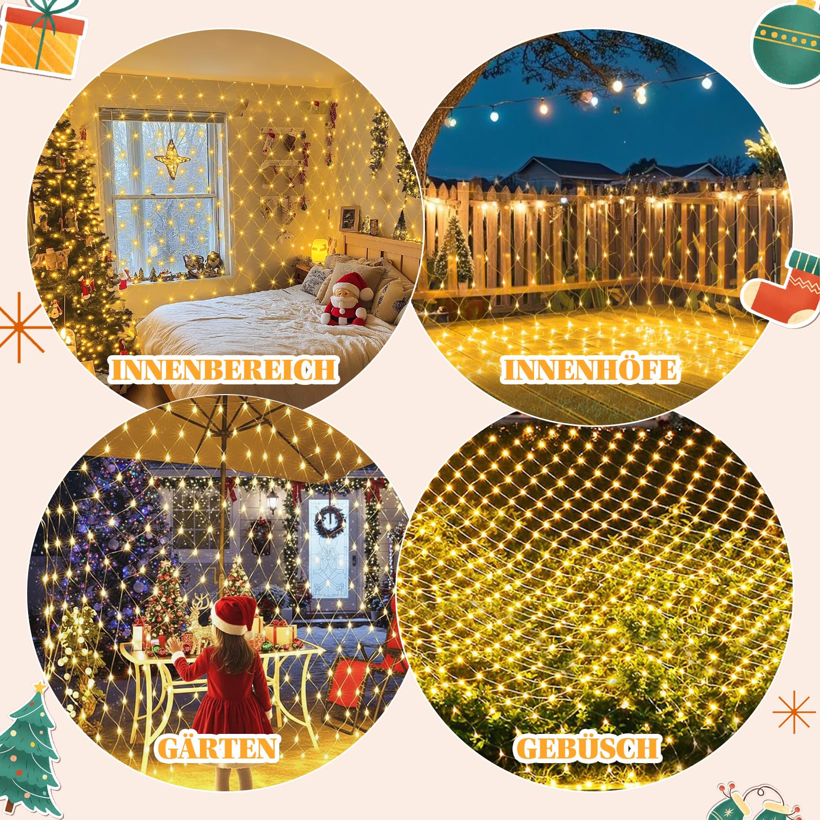 Rete luminosa per esterni, 6 x 4 m, 660 LED, rete con timer, 8 modalità di illuminazione e funzione di memoria, IP44, impermeabile, bianco caldo