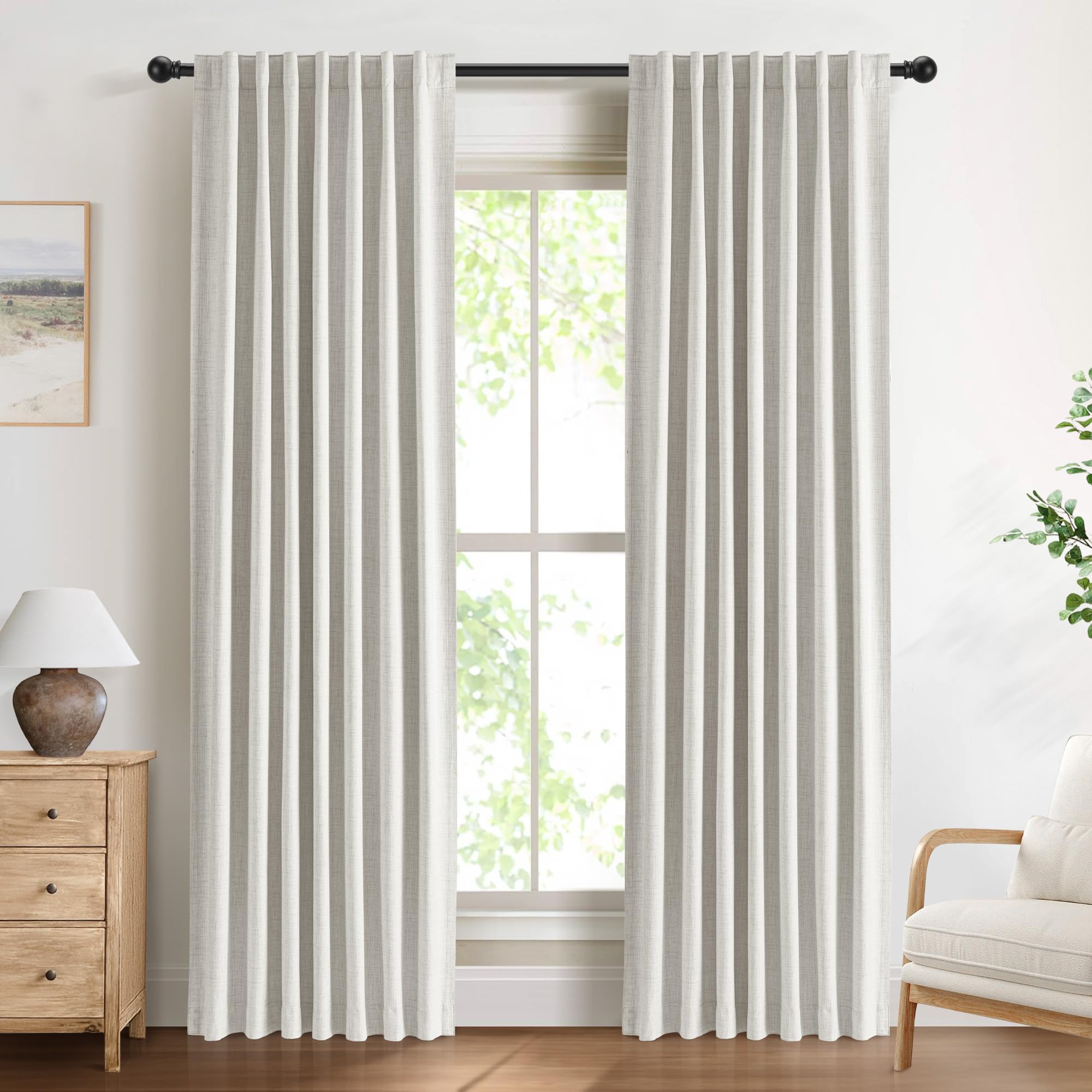 Cortinas 100% Opacas con Trabillas Ocultas, Efecto Lino, Juego de 2 Cortinas Opacas con Pasabarras para Dormitorio o Salón – Alto 245 x Ancho 140 cm, Beige