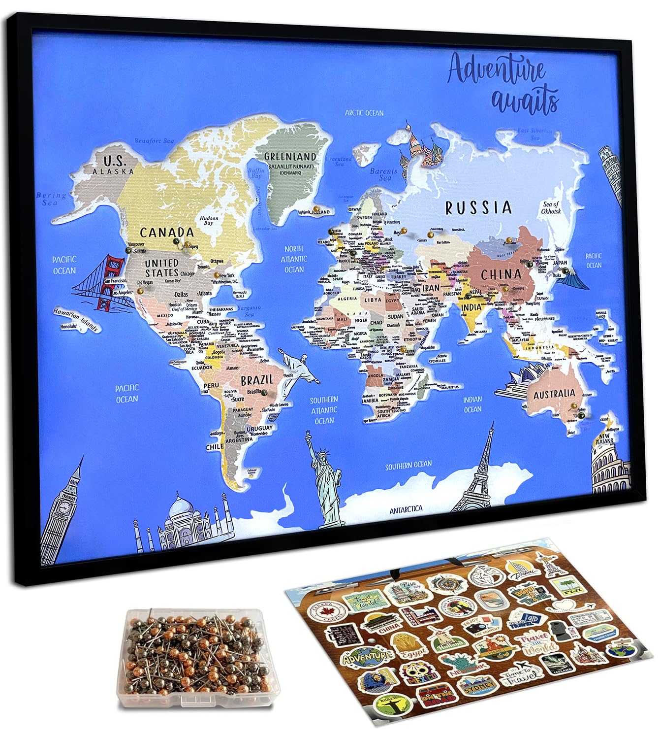 flinelife Tablero de pines de mapa del mundo, 17 x 13 pulgadas, mapa de viaje mundial con pines, perfecto para viajeros, parejas, familias o regalo de jubilación
