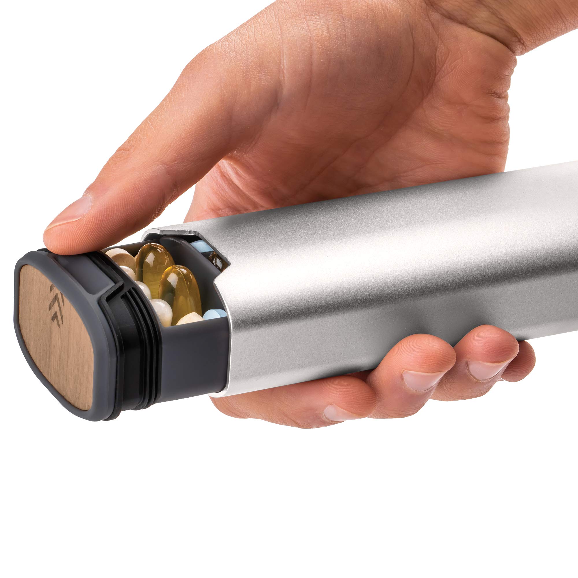 HigherHuman mbarc Pillendose 2.0 für 7 Tage, hochwertiges stilvolles Aluminium und Holz, großes Fassungsvermögen, für Nahrungsergänzungsmittel, Pillen, Vitamine und Medikamente, Metallic-Silber