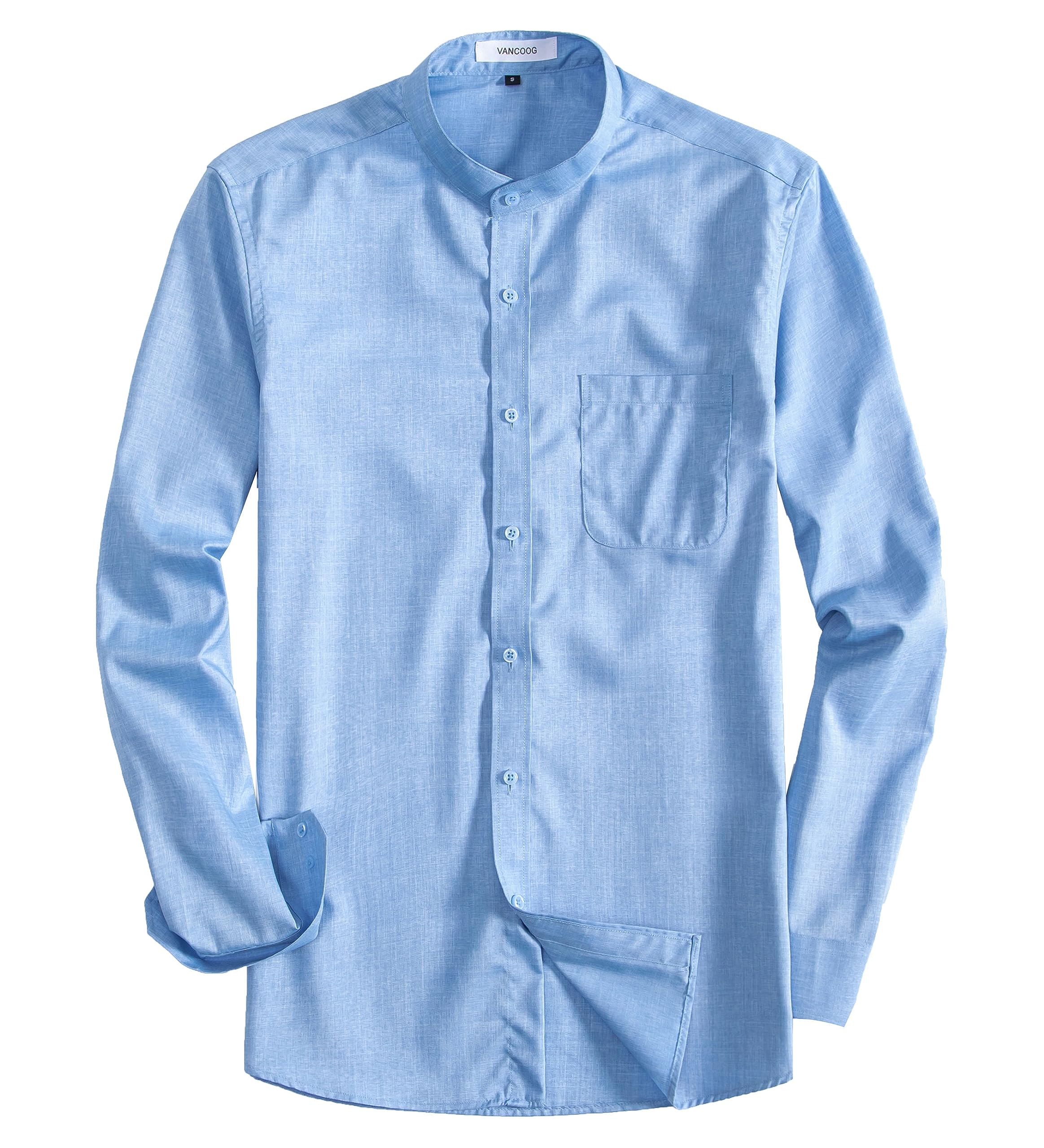 VANCOOG Men’s Long Sleeve Banded Collar(Mandarin Collar) Casual Linen Blended Shirts with Pocket